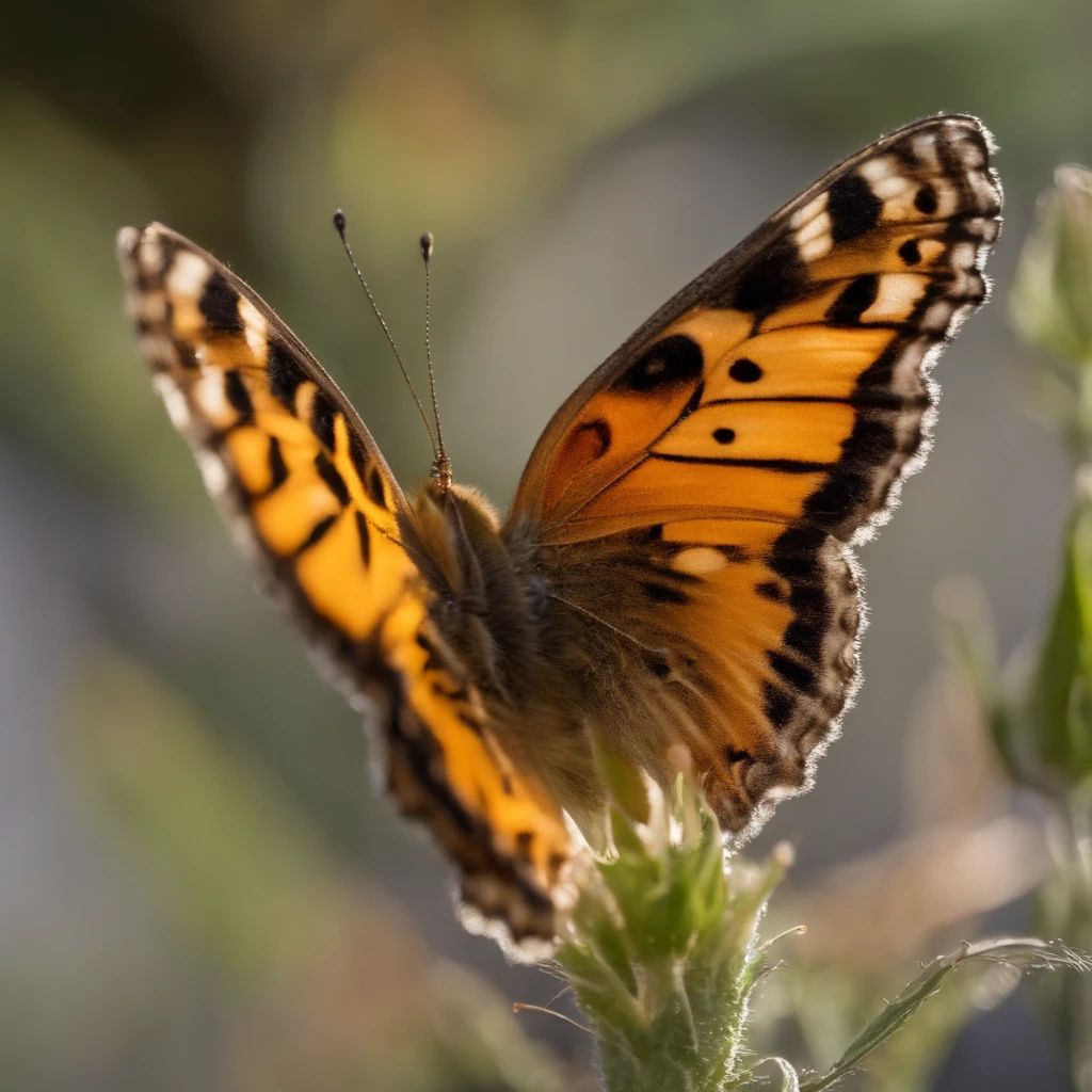 (best quality,4k,8k,highres,masterpiece:1.2),ultra-detailed,(realistic,photorealistic,photo-realistic:1.37),a butterfly resting on a flower stem,soft colors,vibrant colors,beautifully detailed wings,detailed flower petals,gentle sunlight,macro photography,nature,peaceful,serene,quiet,focus on the delicate details