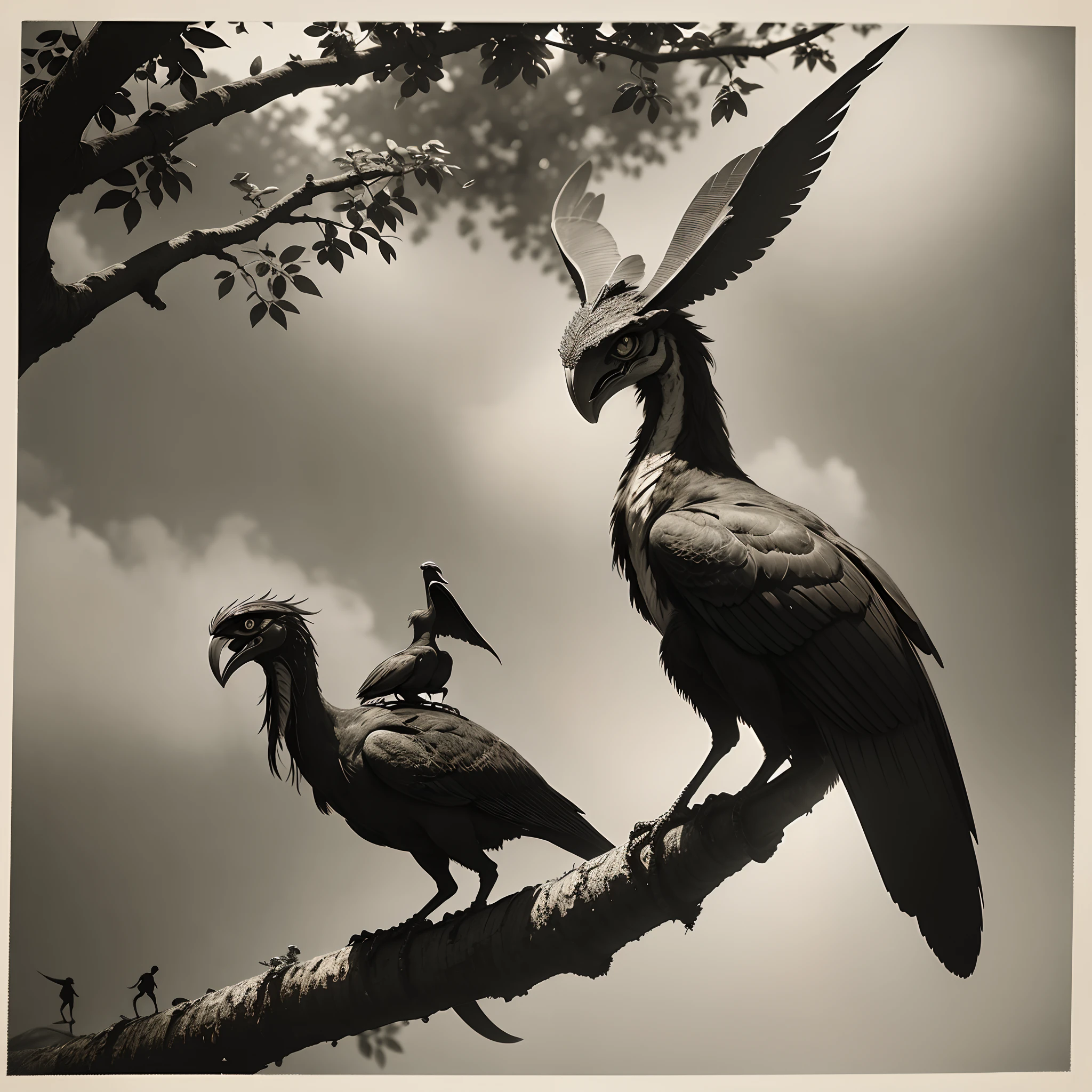 1920 photo of a living Archaeopteryx standing on a tree branch, with several people watching in surprise --auto