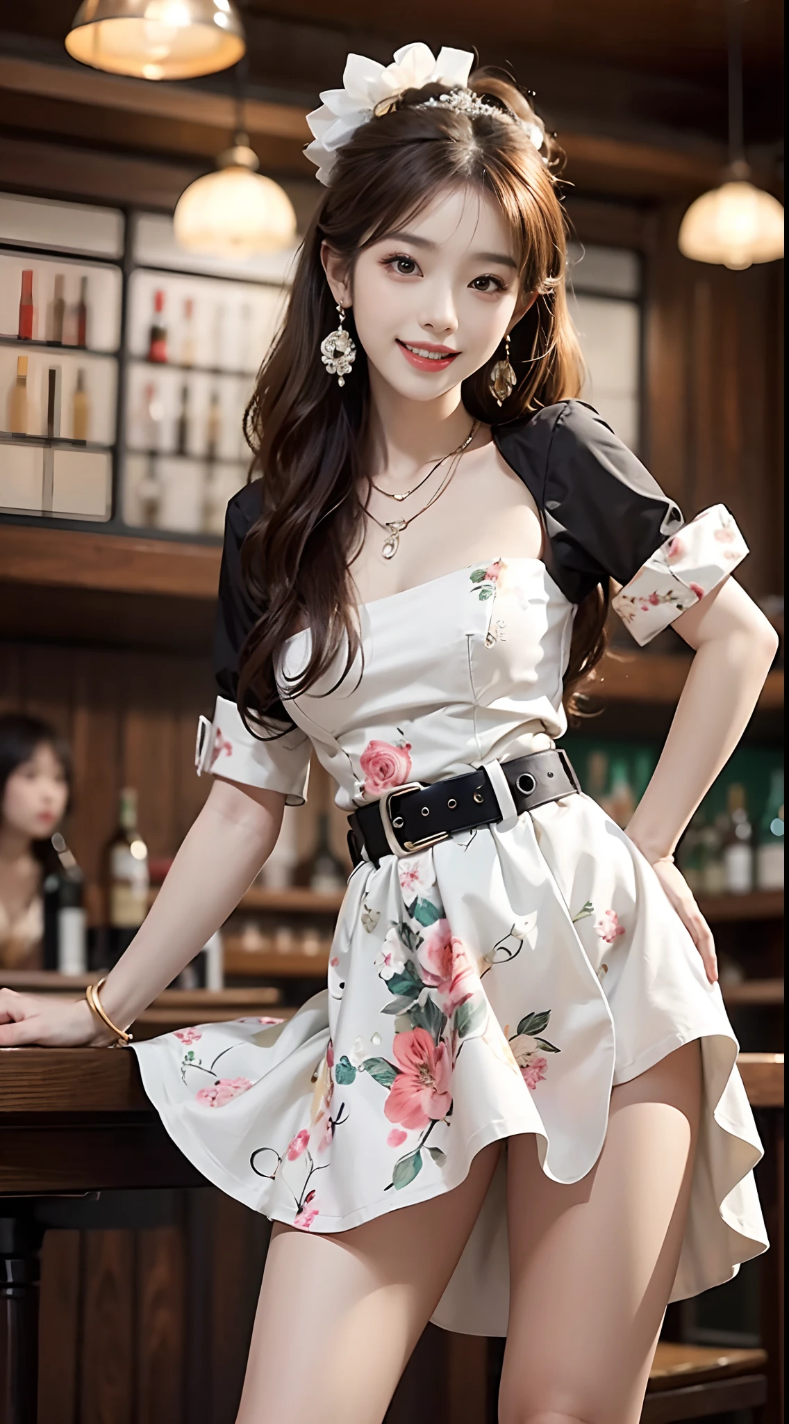 ((full body)), ((from below)), ((realistic)), 1 Korean female model, A young girl, (in a pub, Stand up, standing on your feet, Cross ed leg, Leaning against the bar), Pleasing posture, Eye-catching poses, Nice long legs, Detailed scenes, curlies, Air bangs, Beautiful hair accessories, Brownish-yellow hair, light make-up, Blushlush, Gloss on lips, ((White floral dress, high-waist, Nice belt, high-heels)), warm lights, a warm color palette, Delicate color saturation, Detailed details, ultra-detailliert, (tmasterpiece, best qualtiy), (An extremely delicate and beautiful work), Delicate earrings, Delicate necklace, Simple blurred background, Extreme detail description, Ultra-fine painting, Delicate face, slim toned body, Slimming the waist, (grin, happy grin, Baring teeth), (anatomy correct)