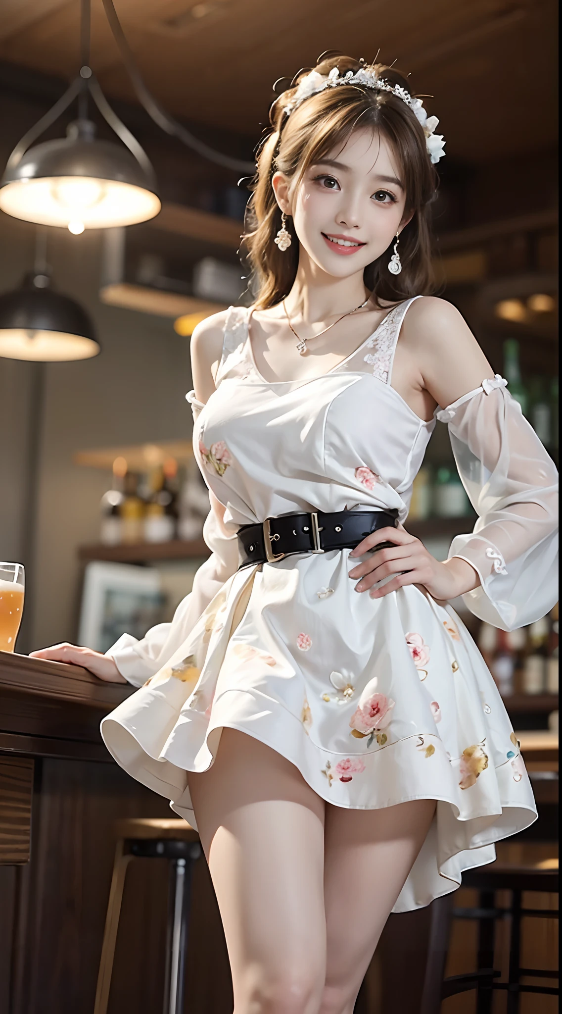 ((full body)), ((from below)), ((realistic)), 1 Korean female model, A young girl, (in a pub, Stand up, standing on your feet, Cross ed leg, Leaning against the bar), Pleasing posture, Eye-catching poses, Nice long legs, Detailed scenes, curlies, Air bangs, Beautiful hair accessories, Brownish-yellow hair, light make-up, Blushlush, Gloss on lips, ((White floral dress, high-waist, Nice belt, high-heels)), warm lights, a warm color palette, Delicate color saturation, Detailed details, ultra-detailliert, (tmasterpiece, best qualtiy), (An extremely delicate and beautiful work), Delicate earrings, Delicate necklace, Simple blurred background, Extreme detail description, Ultra-fine painting, Delicate face, slim toned body, Slimming the waist, (grin, happy grin, Baring teeth), (anatomy correct)