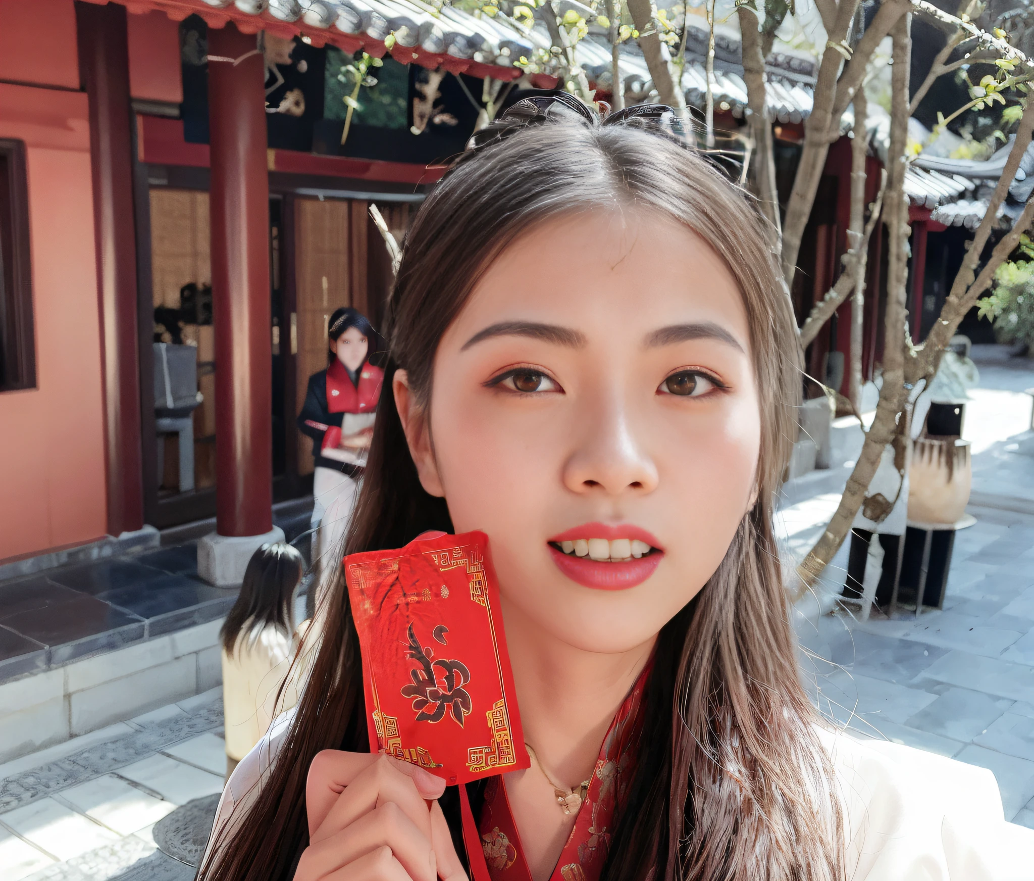 The Araki woman holds a red envelope,It says Chinese, Wearing a red cheongsam, Chinese New Year in Shanghai, shaxi, Chinese girl, Li Zixin, Chinese style, Chinese traditional, Chinese tradition, Middle metaverse, Chinese woman, xintong chen, 8k selfie photograph, Cai Xukun, Xianxia