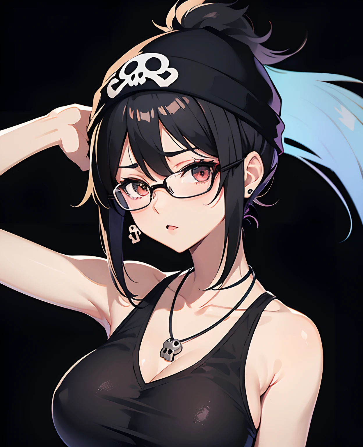 age, anime girl, glasses, black hair,bangs, underwears, black bra, short hair, skull earrings, black skull beanie, open clothes, ponytail, medium layer hair, large breasts, high quality, armpits, looking at viewer, black background, heart necklace, long shot, tempting