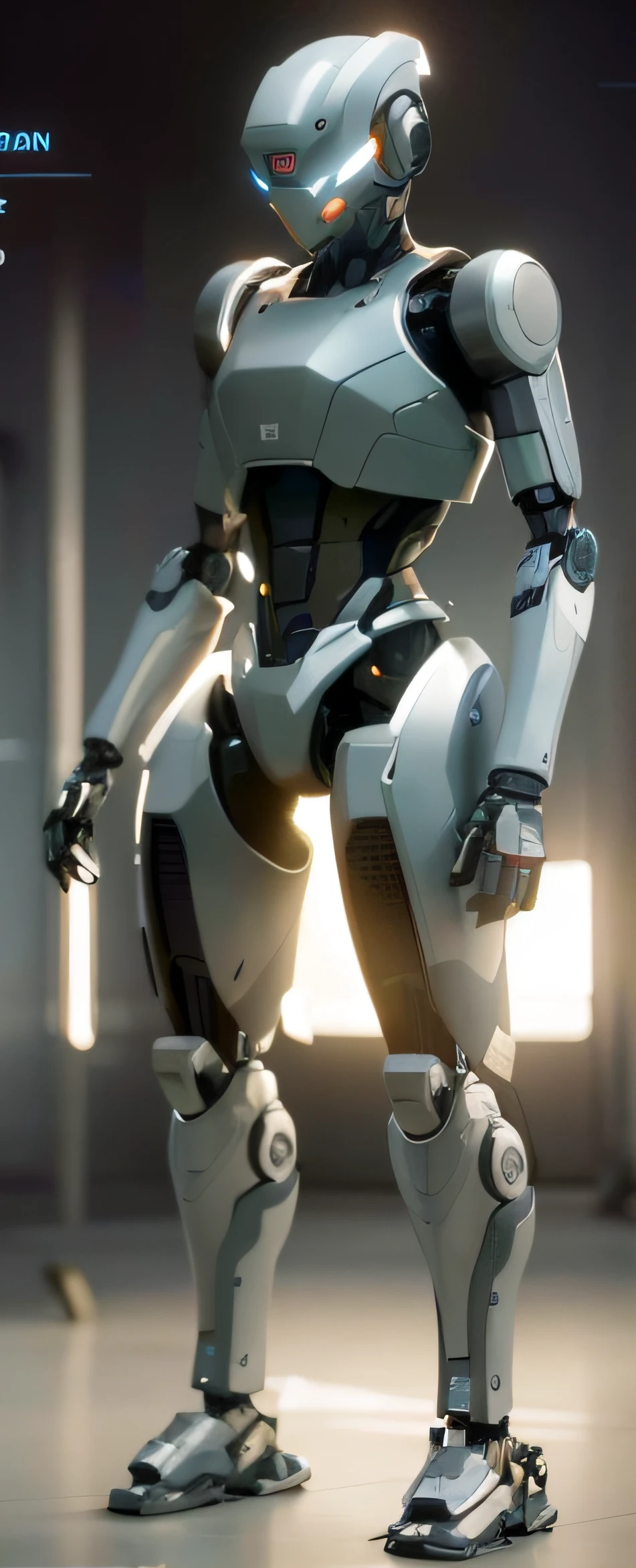 Close-up of a robot standing in a room with lights, Futuristic robot body, Cinematic, smooth Unreal Engine, Unreal Engine technology demo, mech body, unreal engine rendered + A goddess, unreal engine cinematic smooth, detailed cinematic rendering, akihiko yoshida. illusory engine, thick smooth warframe legs, symetry! futuristic robotic, detailed cinematic shot, cinematic render unreal engine