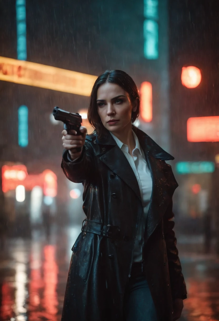 Female Hitman Holding a Handgun, Rainy city, No sign of people, Neon sign is wet in the rain