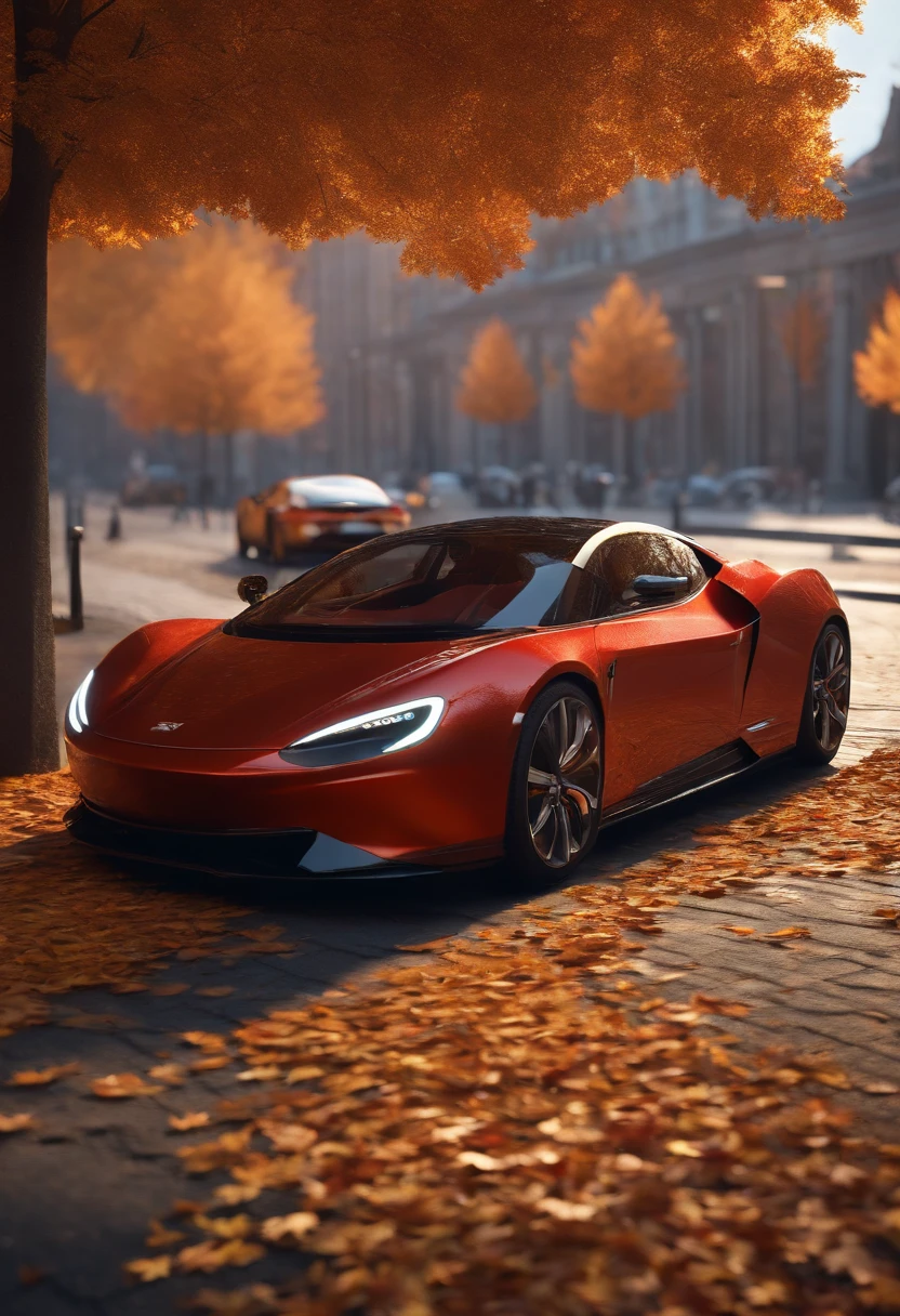 Skyliner 32, sports car parked on a street covered with leaves in autumn in a (city:1.3), Fall, Global Illumination, Volumetric lighting, Best Quality, Highly detailed, .CGI, Illustration, Octane Render,