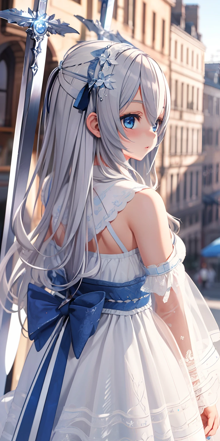 ((Best quality)), ((Masterpiece)), ((Ultra-detailed)), (illustration), (Detailed light), (An extremely delicate and beautiful),A charming young girl,White long hair,Blue sky,The sword floated behind his back.