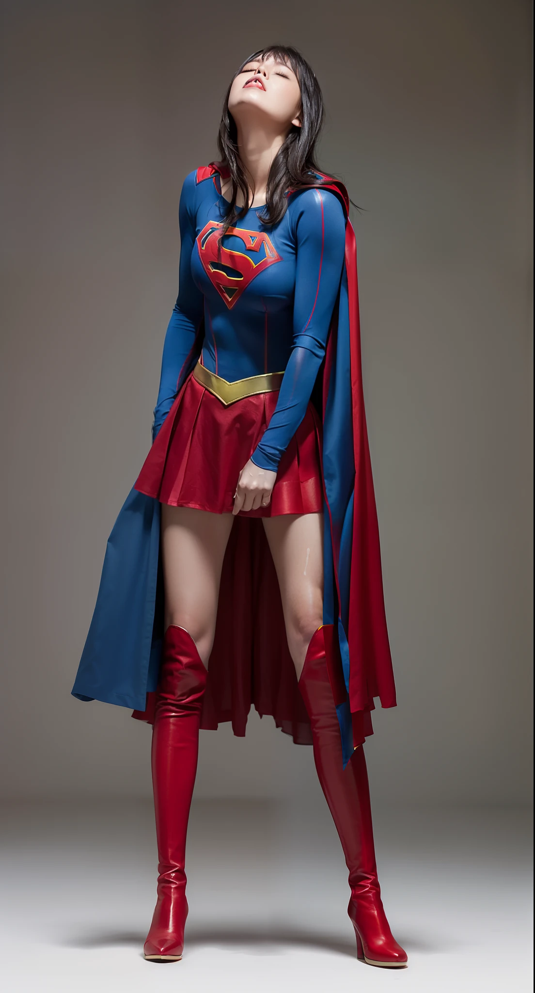 (((Make the most of the original image)))、(((Supergirl Costume)))、(((lustrous dark hair)))、(((Suffering)))、(((Feet must necessarily be worn with black tights)))、(((Eyes closed)))、(((You need to wear red boots)))、((Top image quality、8K))、((top-quality、8K、​masterpiece:1.3))、Crisp focus:1.2、Beautiful woman with perfect body shape:1.4、Slender Abs:1.2、((layers-Cut、large boob:1.2))、a wet body:1.5、Highly detailed facial and skin texture、