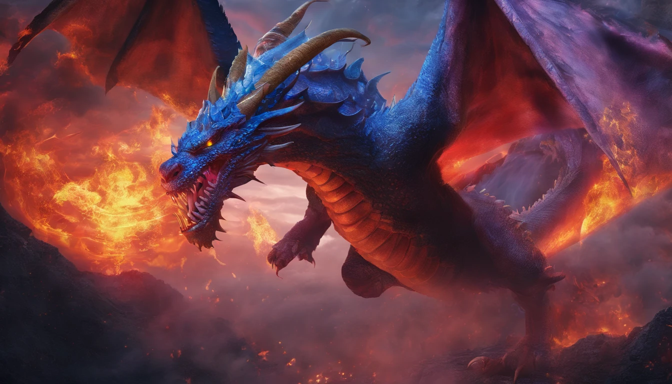 (Dragon Sky Dorado) big breasts and big breasts (piercing red eyes),Close-up of letting go (Blood and fire) Through the nose,Bull Scale,high high quality,8K,Many details,Fire racket,Alas,4 Honji,Spotted nails,golds,dangers,the fire,dentes pontiagudos,big dragon,immensity,threatening,Imposing,Blue scale