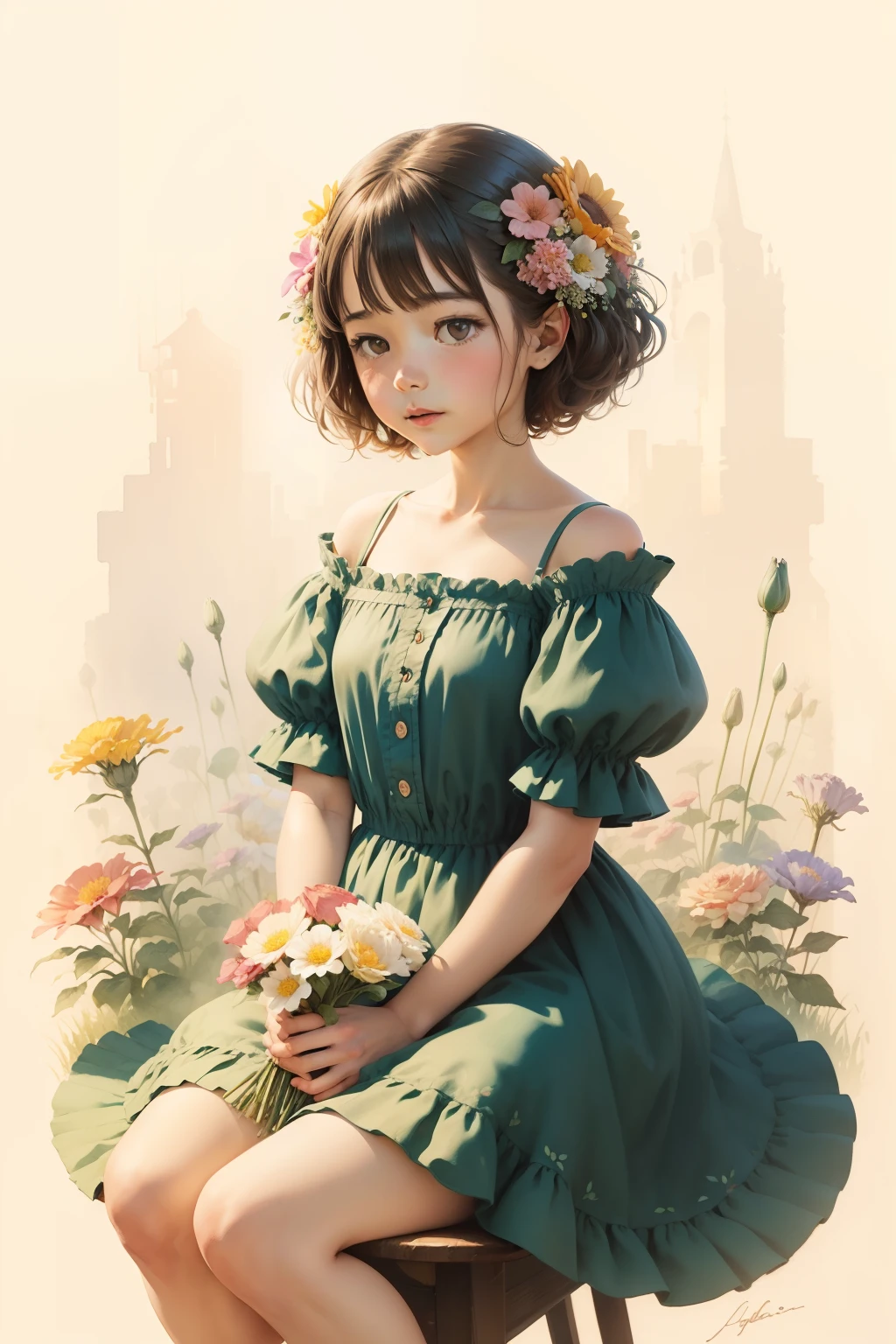 Next to the flower fairy sitting on top of the flower is a bunch of flowers clustered around vintage watercolor flat paintings in old hues