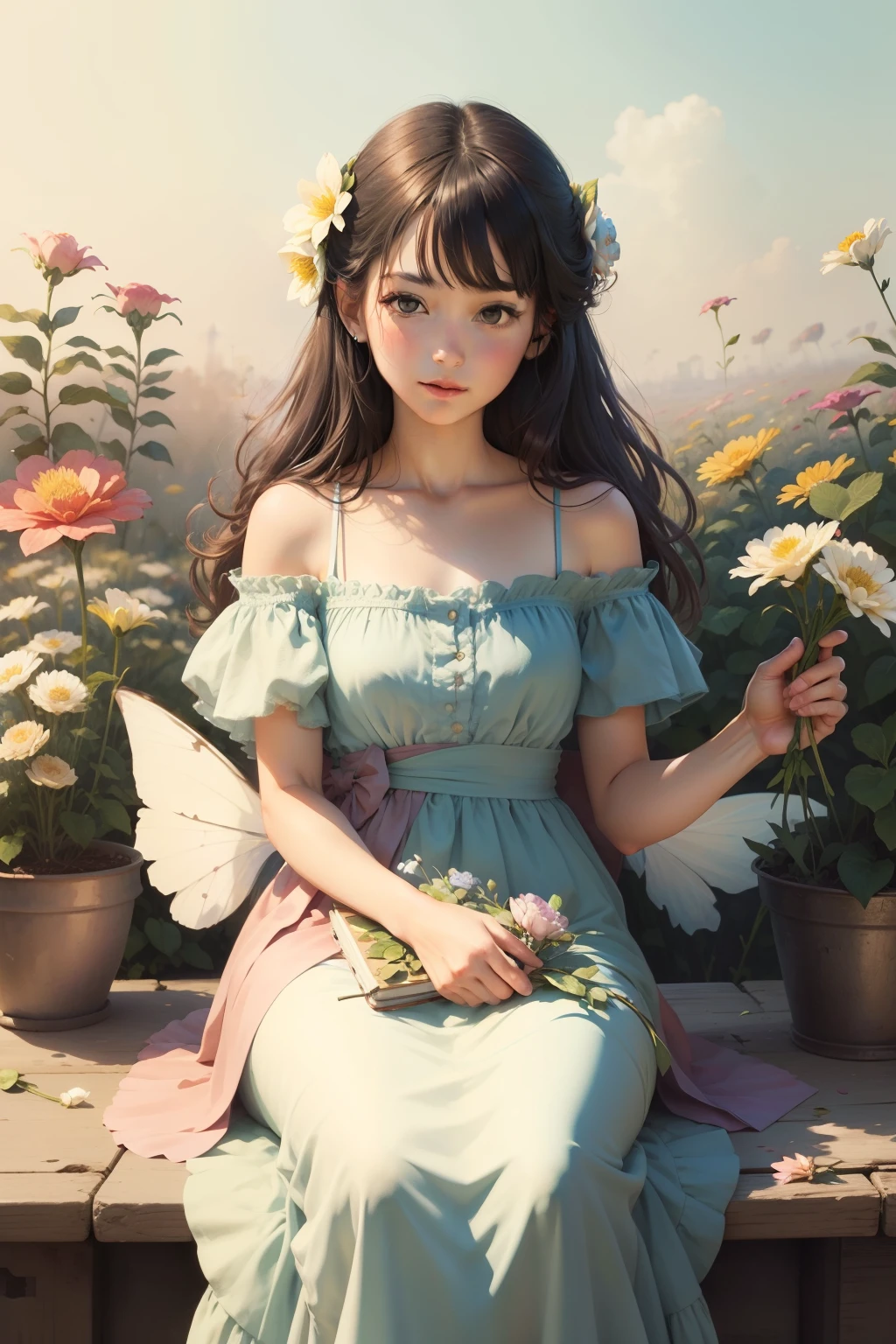 Next to the flower fairy sitting on top of the flower is a bunch of flowers clustered around vintage watercolor flat paintings in old hues
