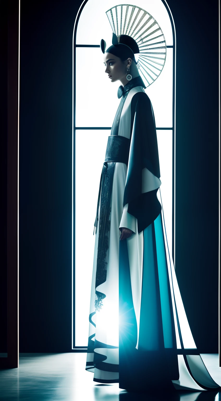 vogue photography， The young model wore a haute couture dress inspired by Chinese porcelain, Decorated with exaggerated glass headdresses and earrings, cowboy clothes, standing in front of a mirror, Intense light and shadow, Exaggerated glass fittings, Nature, A sense of life, The origin of all things, Tao is natural, SENSE OF CINEMA, Fashionab, The costume design is inspired by Japanese HDR, 64k, highly details, Masterpiece, Best quality, In the style of Steven Klein, Texture combinations, surrealism, Light and shadow, A sense of future technology, Parallel universe clothing from the Threeasfour clothing brand, 6 months ago.Clothing designed by J, Realistic skin details, Dark white, light silver, Low angle shooting, Glass craft materials, Fluid, incubus， Master photography, David Sims' photographic style