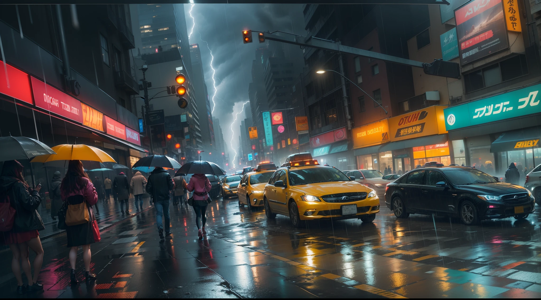 (best quality,4k,8k,highres,masterpiece:1.2),ultra-detailed,(realistic,photorealistic,photo-realistic:1.37),New York Storm,cityscape,rain-soaked streets,busy pedestrians,hustle and bustle,dark clouds,reflective surfaces,neon lights,shimmering water,streets filled with taxis and cars,towering skyscrapers,impressive skyline,drenched sidewalks,glistening pavements,people hurrying with umbrellas,traffic lights reflecting on wet roads,puddles reflecting the colorful lights,dense atmosphere of a stormy night,rays of light breaking through the clouds,dramatic contrast of light and shadows,dynamic energy,mysterious ambiance,street vendors under awnings,powerful gusts of wind,motion-blurred rain droplets,distant thunderbolts,stormy mood intensified by the city's energy,streets aglow with vibrant colors,streets transformed into a captivating underwater scene,awe-inspiring urban landscape,lively and vibrant despite the storm.