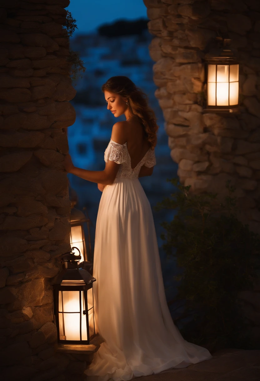 (masutepiece, Best quality, High quality, A high resolution:1.4), Extremely detailed, ambient soft lighting, 4K ultra HD ,In Greece,The night view was beautiful, A beautiful girl with light brown wavy curly hair in a long white dress is transforming,At the same time draw a heart with a magic wand.