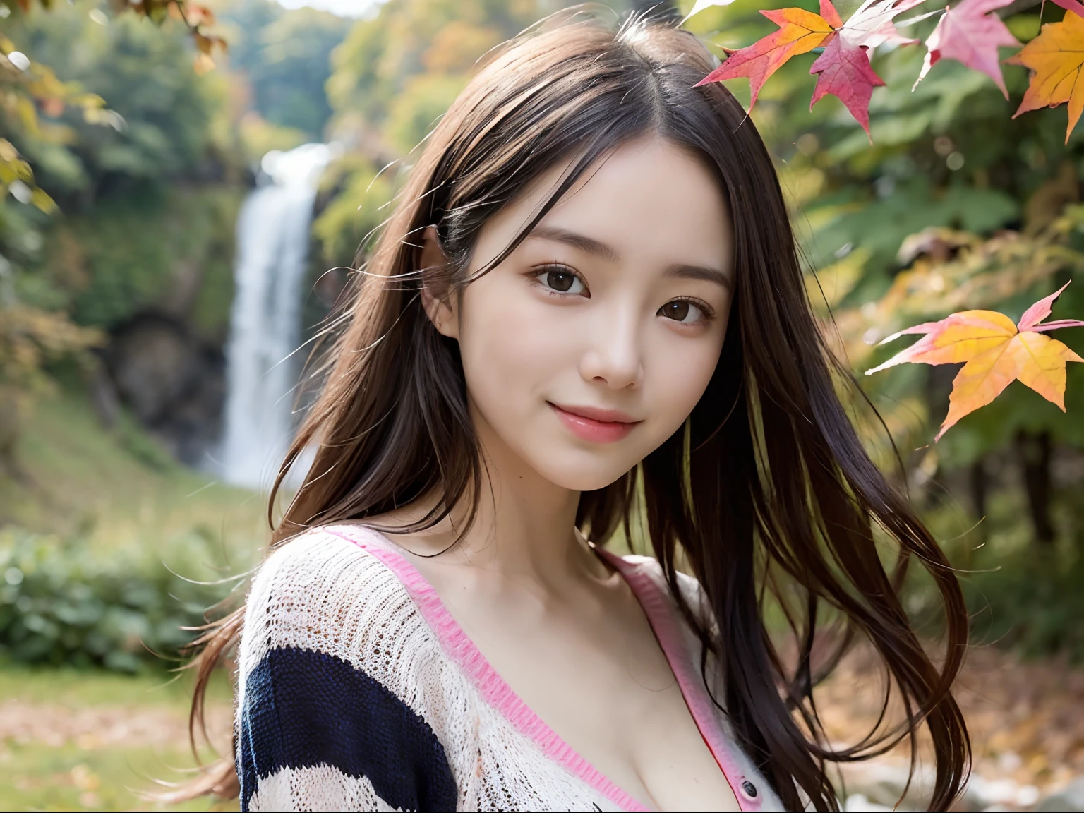 (Close up portrait of one girl with slender small breasts and very long hair in colorful autumn shirt and sweater:1.5)、(Smiling girl with hair fluttering in the wind stands on the edge of the screen:1.3)、(Waterfall and wonderfully beautiful autumn foliage background :1.3)、(Perfect Anatomy:1.3)、(complete hands:1.3)、(complete fingers:1.3)、Photorealsitic、Raw photography、masutepiece、top-quality、hight resolution、delicate and pretty、face perfect、Beautiful detailed eyes、Fair skin、Real Human Skin、pores、((thin legs))、(Dark hair)