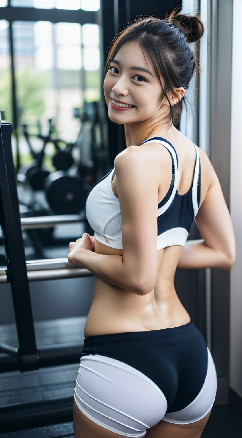 in 8K, Raw photo, Best Quality, masutepiece, Realistic, Photorealsitic, Clear focus, Professional Lighting, Beautiful face, pretty idol women, Navel, nose blush, a sultry, Seductive, Cowboy Shot, (Gym background:1.3), (The buttocks are sticking out towards you、Focus on the buttocks:1.5)、 (a blond, hair-bun, Pony tail:1.2), Dark Studio, Smiling, cleavage, (Sportsbra), (White Compression Shorts), One Woman, Large breasts, Navel, 鎖骨, (Wet), (Sweat), blush, (muscular:0.8), (Abs:0.8),look at viewr, (Wet clothes)
