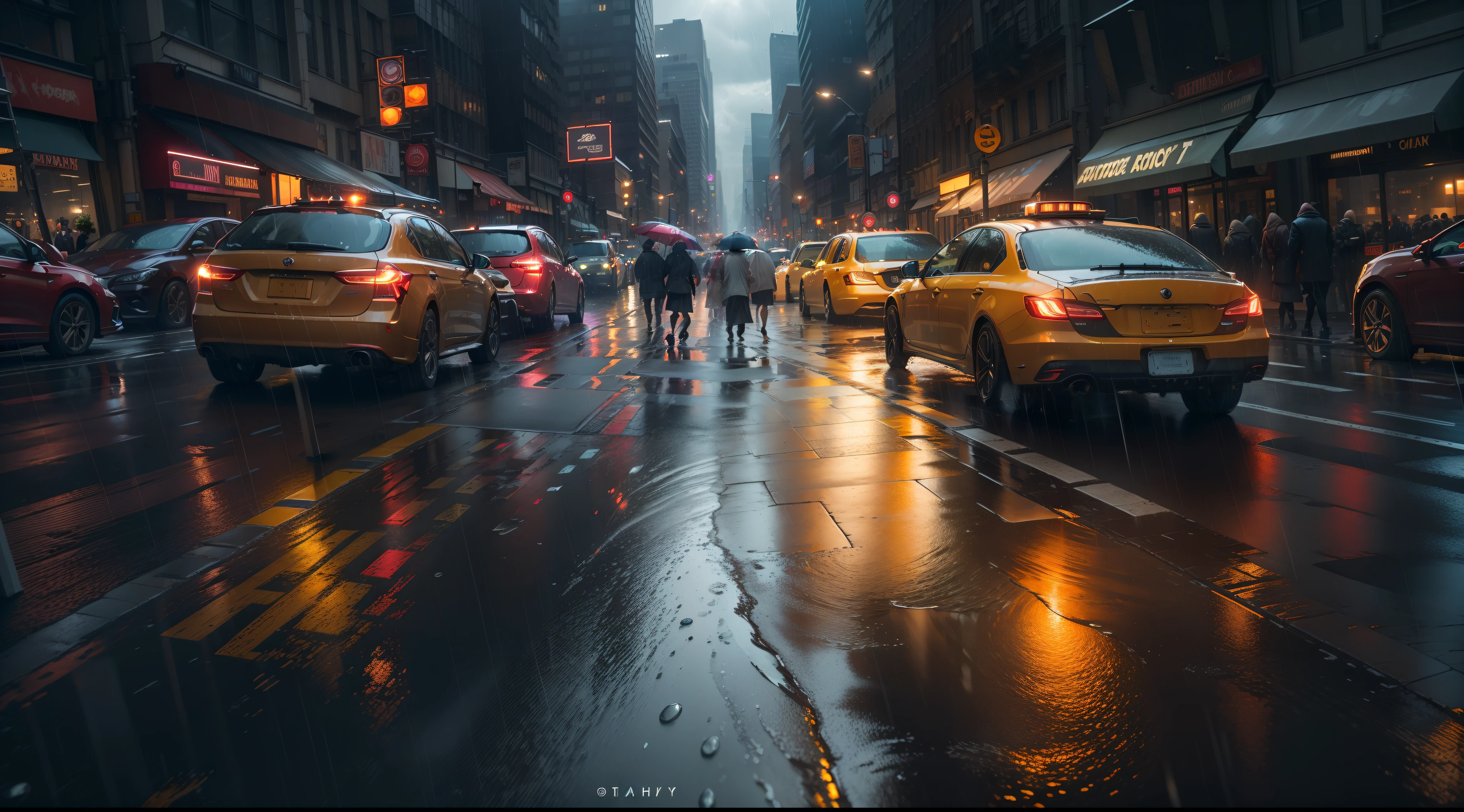 (best quality,4k,8k,highres,masterpiece:1.2),ultra-detailed,(realistic,photorealistic,photo-realistic:1.37),New York Storm,cityscape,rain-soaked streets,busy pedestrians,hustle and bustle,dark clouds,reflective surfaces,neon lights,shimmering water,streets filled with taxis and cars,towering skyscrapers,impressive skyline,drenched sidewalks,glistening pavements,people hurrying with umbrellas,traffic lights reflecting on wet roads,puddles reflecting the colorful lights,dense atmosphere of a stormy night,rays of light breaking through the clouds,dramatic contrast of light and shadows,dynamic energy,mysterious ambiance,street vendors under awnings,powerful gusts of wind,motion-blurred rain droplets,distant thunderbolts,stormy mood intensified by the city's energy,streets aglow with vibrant colors,streets transformed into a captivating underwater scene,awe-inspiring urban landscape,lively and vibrant despite the storm.