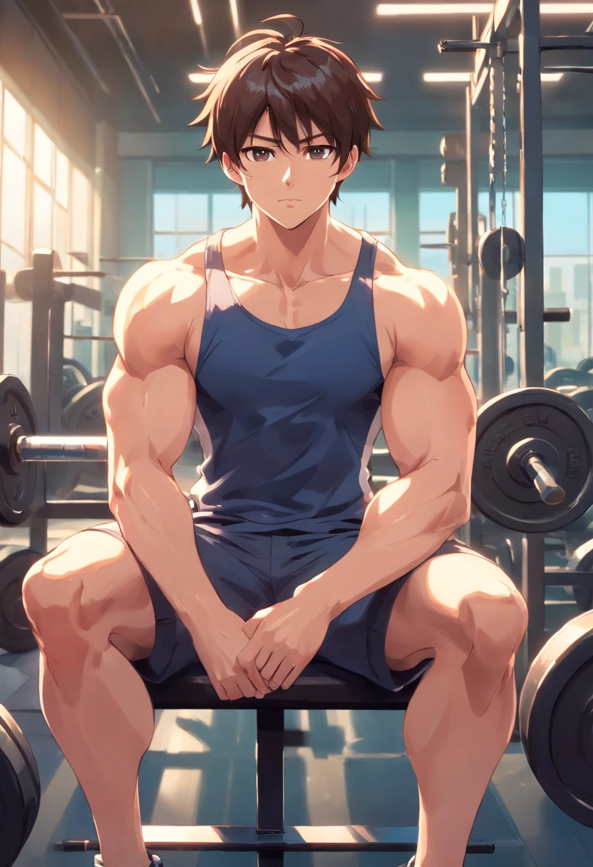 Satoru Gojo training intensely in a bodybuilding gym, buff, looking viewers, gym, muscluar , Exercise, sitting on the bench