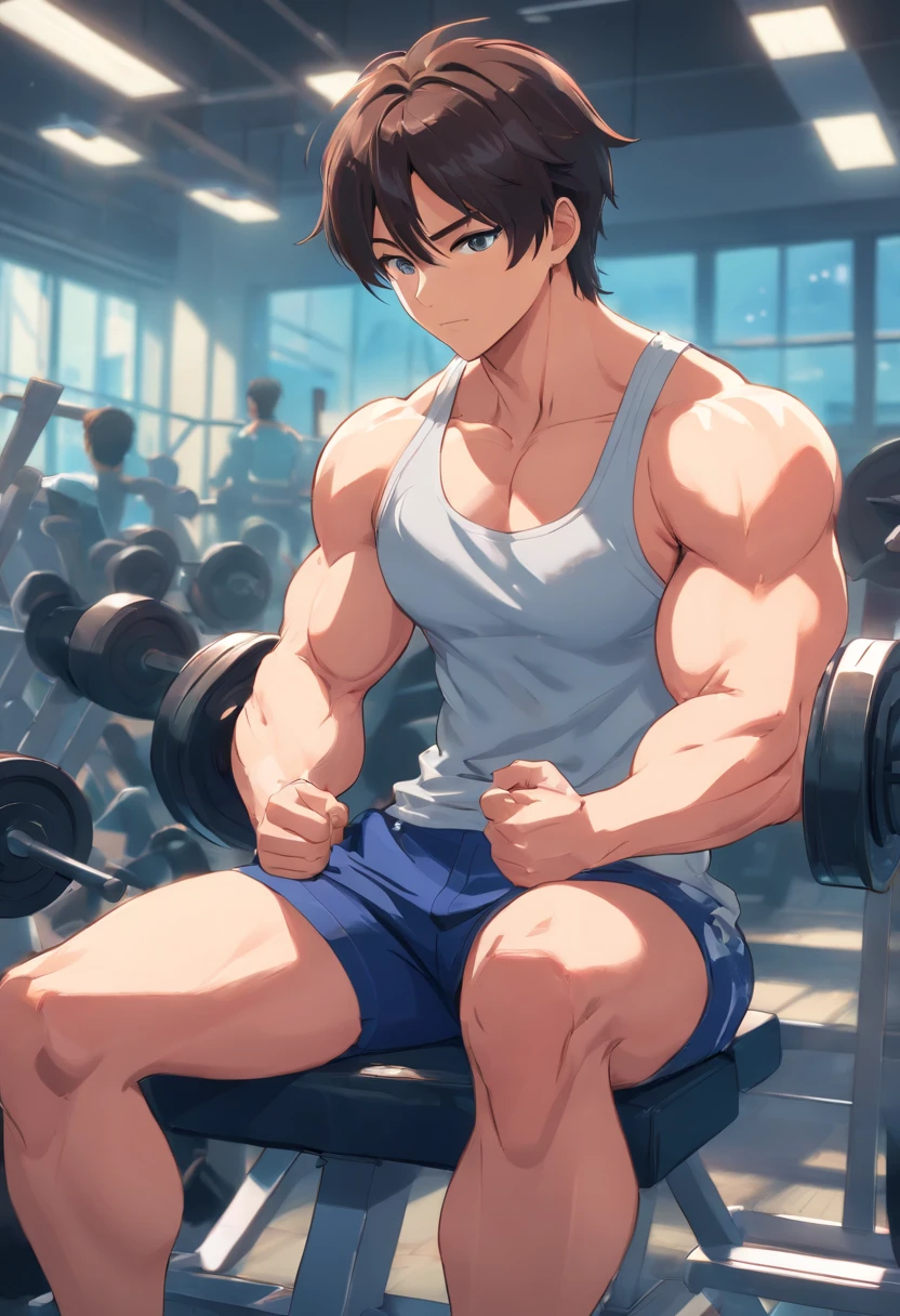 Satoru Gojo training intensely in a bodybuilding gym, buff, looking viewers, gym, muscluar , Exercise, sitting on the bench