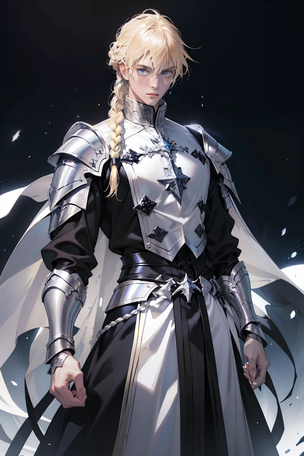 male knight,blond hairbl,Single braided hairstyle,By bangs,hair between eye,holy paladin,Black and white clothing,Capable and elegant,Religious dress,Wears silver armor,goth style。Western fantasy style,Concise background。Concise background,Masterpiece, mistic, aethereal,Blue light particles,color difference