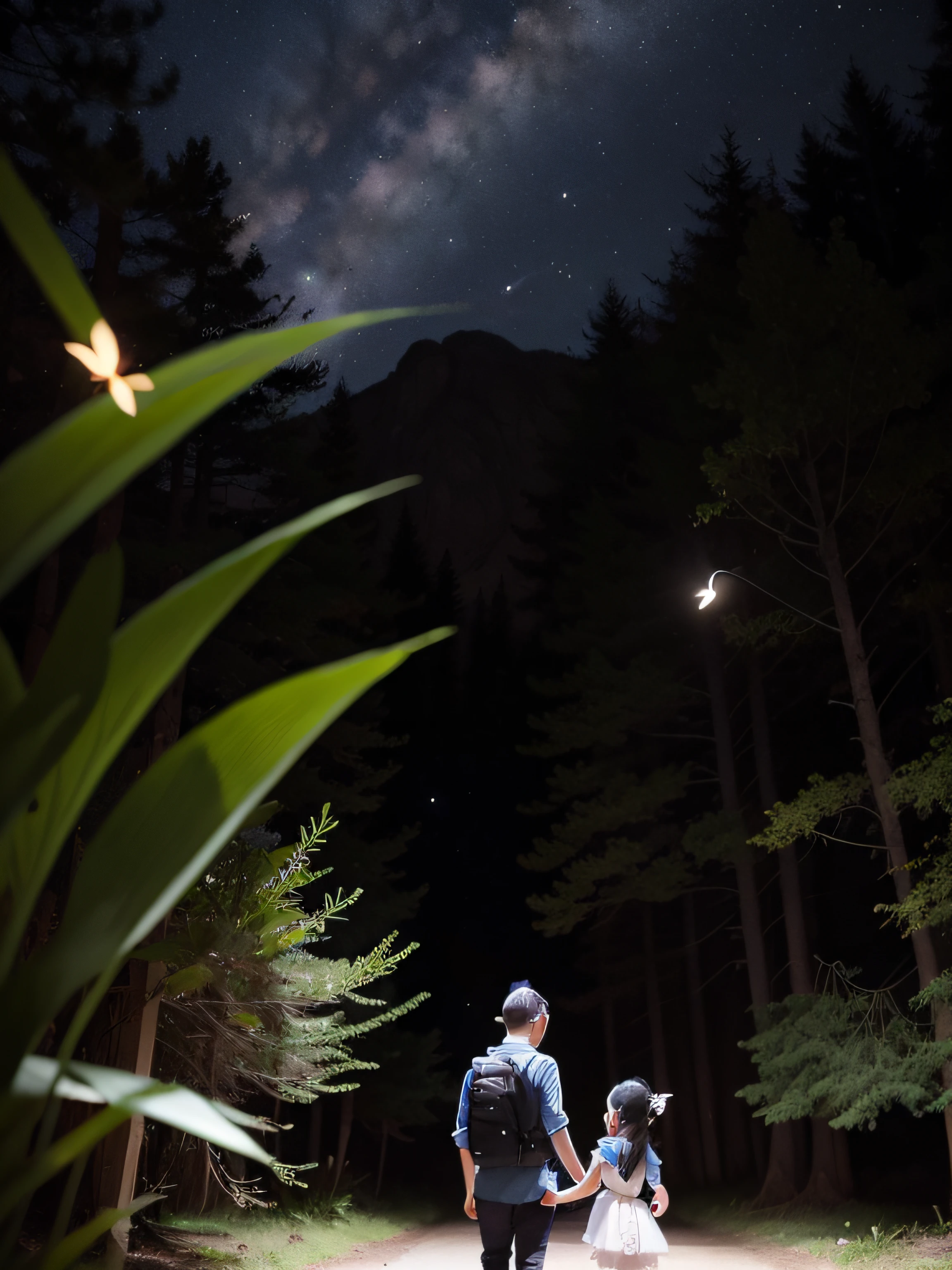 masterpiece level, Superb Style, Deep love between father and daughter, Elevated shot, The house is on the left side of the frame, the background is night, Dark blue, Starry sky, Very resilient and creative, Father in white vest and black pants smiles, Hands take a little girl, The girl has pretty dark hair, Grass and fireflies cover the lower part of the photo, And the tall pine trees on the right form the forest.