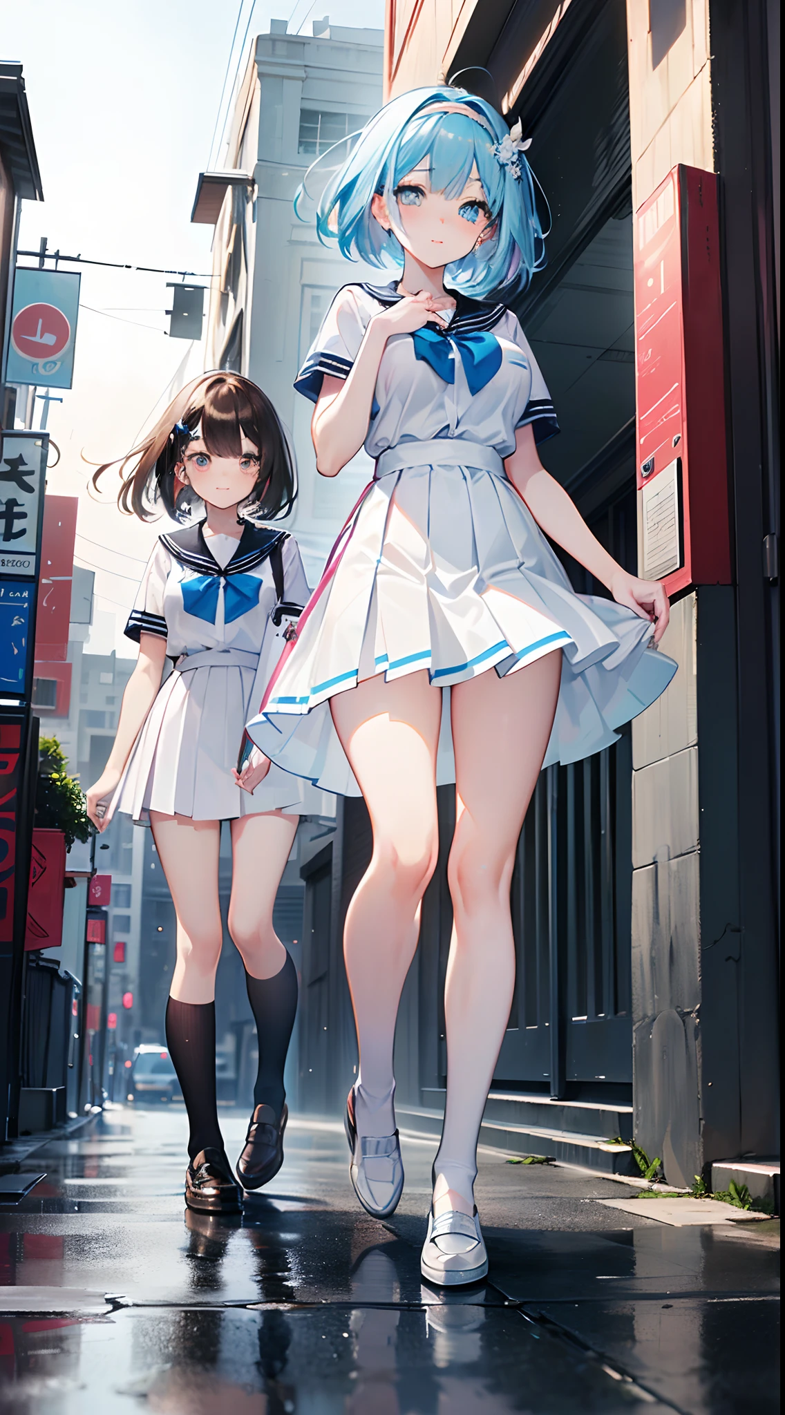 ((masterpiece)), ((best quality)), (ultra-detailed), ((kawaii)), cute, (lovely), ((sexy)), (ero), ((extremely detailed)), 4K, (8K), best quality, (beautiful), anime style, full body, look up from below, full body focus, city, town, evening, ((2girls)), (((2 cute girls))¥, school uniform, beautiful blue hair, beautiful blue eyes, ((beautiful eyes with highlights:1.4)), white-skinned, short hair, transparent hair, translucent hair, large breast, horseshoe-shaped hairband, light smile, blush, neon light, wind effect, reflection effect