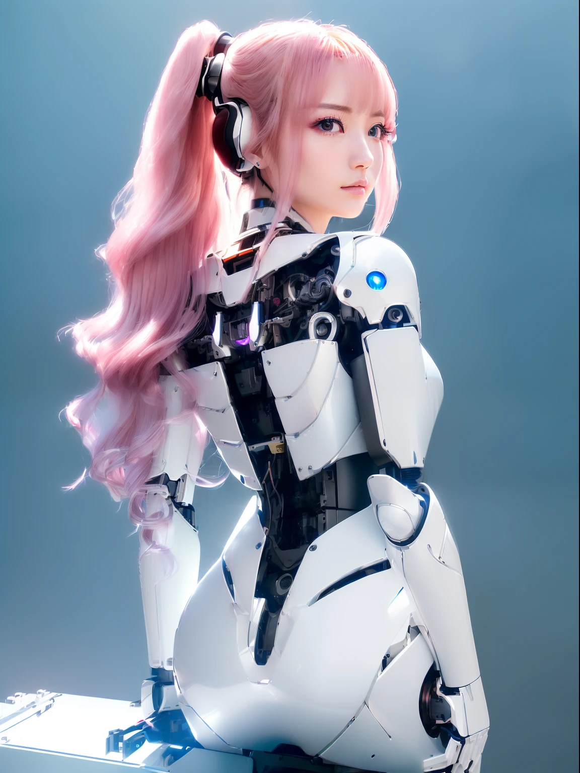 a person with a robot body, cyborg - girl, cyborg girl, perfect android girl, robot girl, cyborg - girl with silver hair, female robot, anime robotic mixed with organic, portrait of a female android, gynoid cyborg body, hajime sorayama designed girl, beutiful girl cyborg, beutiful white girl cyborg ,pink hair ,medium body shot ,neon city background