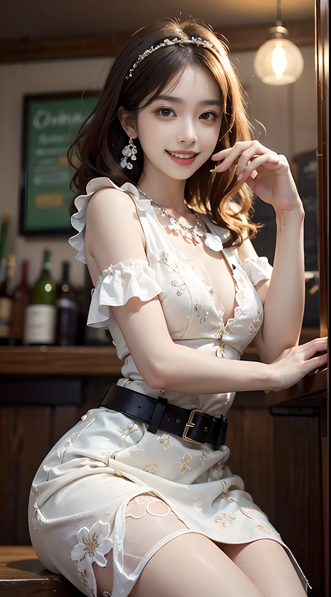 ((full body)), ((from below)), ((realistic)), 1 Korean female model, A young girl, (in a pub, Sit Pose, Cross ed leg, Leaning against the bar), Pleasing posture, Eye-catching poses, Nice long legs, Detailed scenes, curlies, Air bangs, Beautiful hair accessories, Brownish-yellow hair, light make-up, Blushlush, Gloss on lips, ((White floral dress, high-waist, Nice belt, high-heels)), warm lights, (Rainbow all colors: 1.8), a warm color palette, Delicate color saturation, Detailed details, ultra-detailliert, (tmasterpiece, best qualtiy), (An extremely delicate and beautiful work), Delicate earrings, Delicate necklace, Simple blurred background, Extreme detail description, Ultra-fine painting, Delicate face, slim toned body, Slimming the waist, (grin, happy grin, Baring teeth), (anatomy correct)