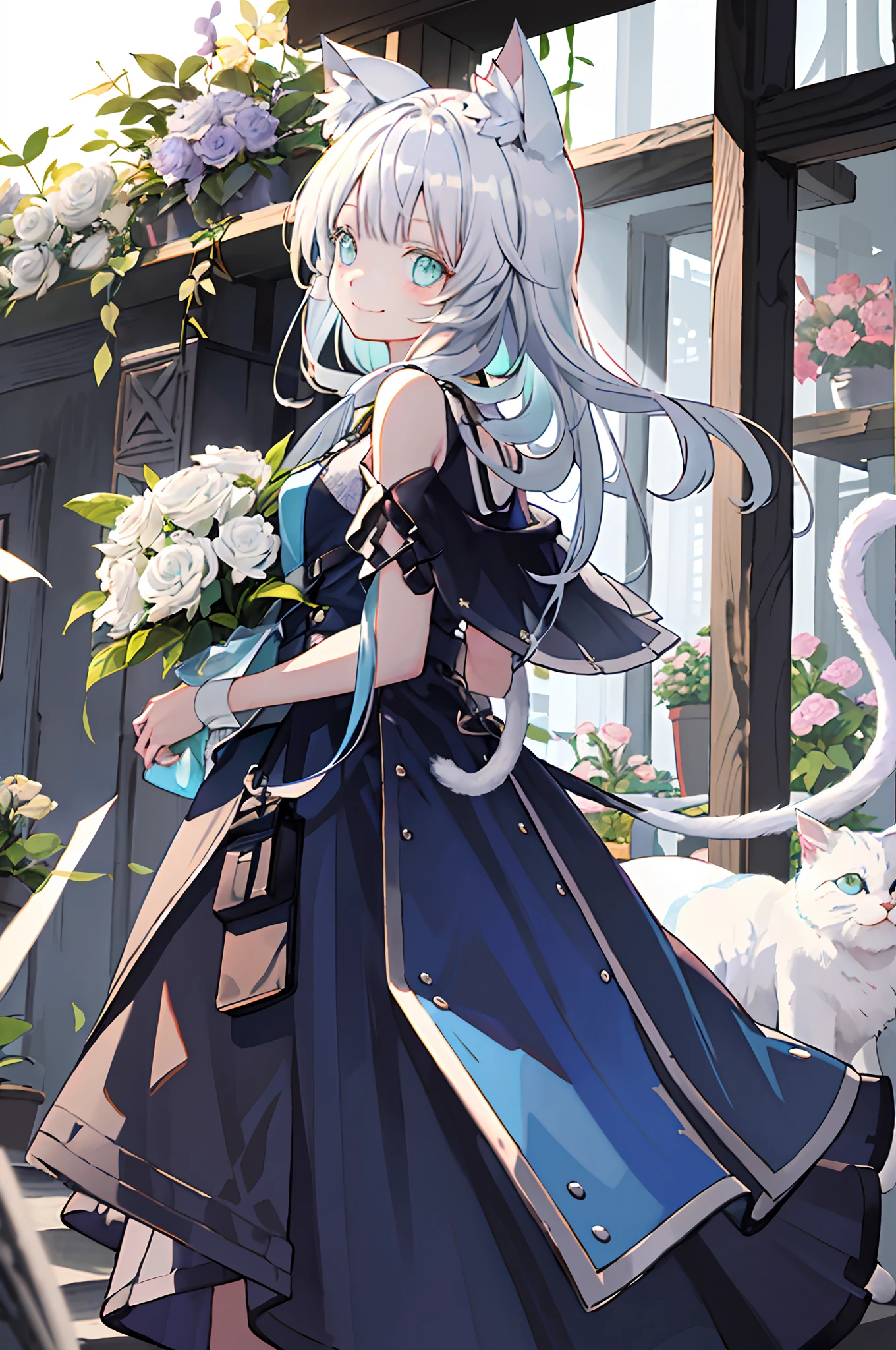 (tmasterpiece、top-quality、illustratio、Extremely high quality、high-level image quality、Extremely sensitive writing)15 year old white haired cat girl standing in beautiful garden、A slight smile、She has a large bouquet、Cute national costume style dress，There are ruffles on the shoulders、Hair fluttering in the wind，Cute big cat ears