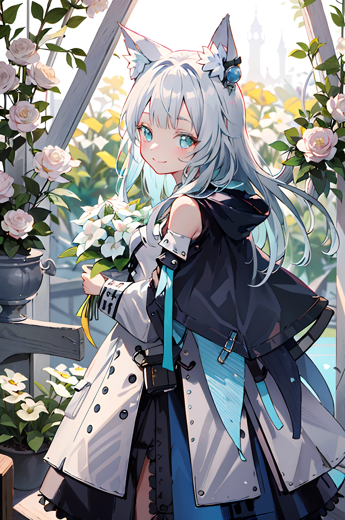 (tmasterpiece、top-quality、illustratio、Extremely high quality、high-level image quality、Extremely sensitive writing)15 year old white haired cat girl standing in beautiful garden、A slight smile、She has a large bouquet、Cute national costume style dress，There are ruffles on the shoulders、Hair fluttering in the wind，Cute big cat ears