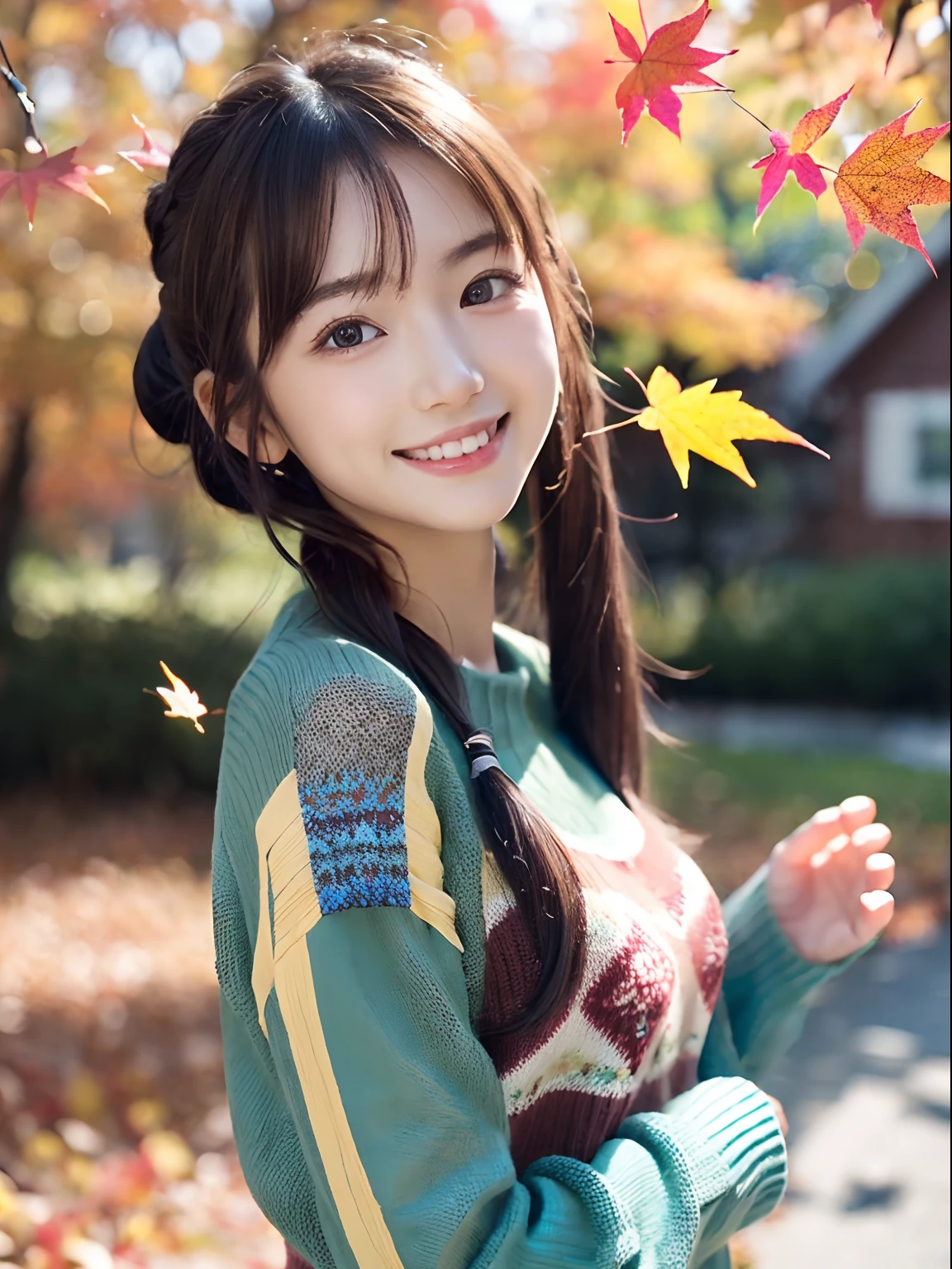 (Close up portrait of one girl with slender small breasts with twin-tailed hair in colorful autumn shirt and sweater:1.5)、(Girl standing on edge of screen smiling with open arms:1.3)、(Beautiful autumn foliage background :1.3)、(Perfect Anatomy:1.3)、(complete hands:1.3)、(complete fingers:1.3)、Photorealsitic、Raw photography、masutepiece、top-quality、hight resolution、delicate and pretty、face perfect、Beautiful detailed eyes、Fair skin、Real Human Skin、pores、((thin legs))、(Dark hair)