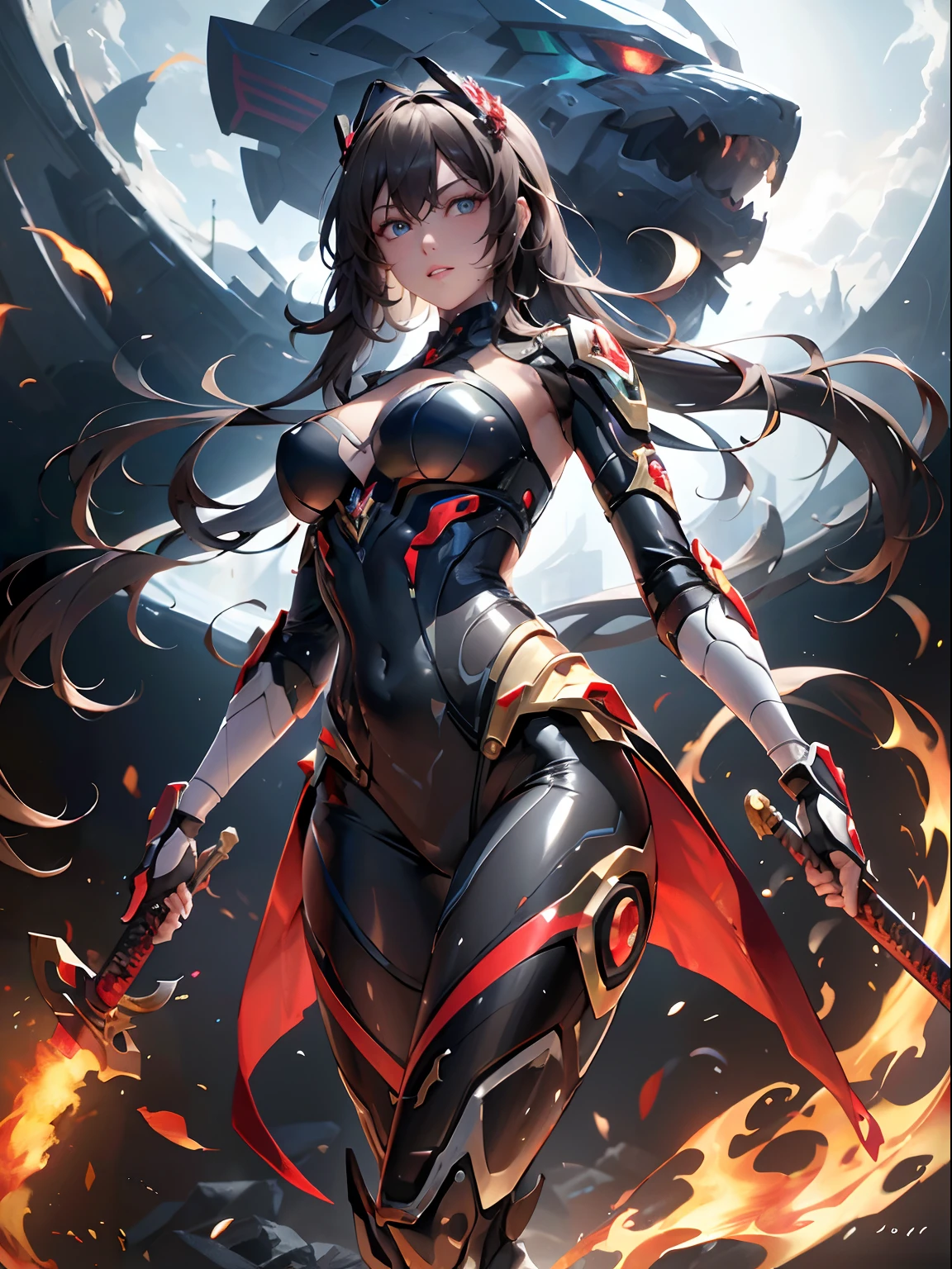 8K，tmasterpiece，best images quality， tmasterpiece， 超高分辨率， （Fidelity：1.4）Kizi，blue color eyes，Eyes with fire，Beautiful face,Beautiful eyes，Holding a dark red katana（The blade carries a roaring flame），（Translucent body，Reflex the skin），(((Masterpiece))), (((best qualityer))), ((Ultra-detailed)), (illustration), (detailed light), ((an extremely  delicate and beautiful))，The mech has a smooth surface， (highdetailskin:1.2)，Proper body proportion、perfect anatomia，complex mechanical bodysuit、mecha corset、tightsuit，（The mech is slightly transparent）20yr old，The mech is ready，There are many blue flames around the figure