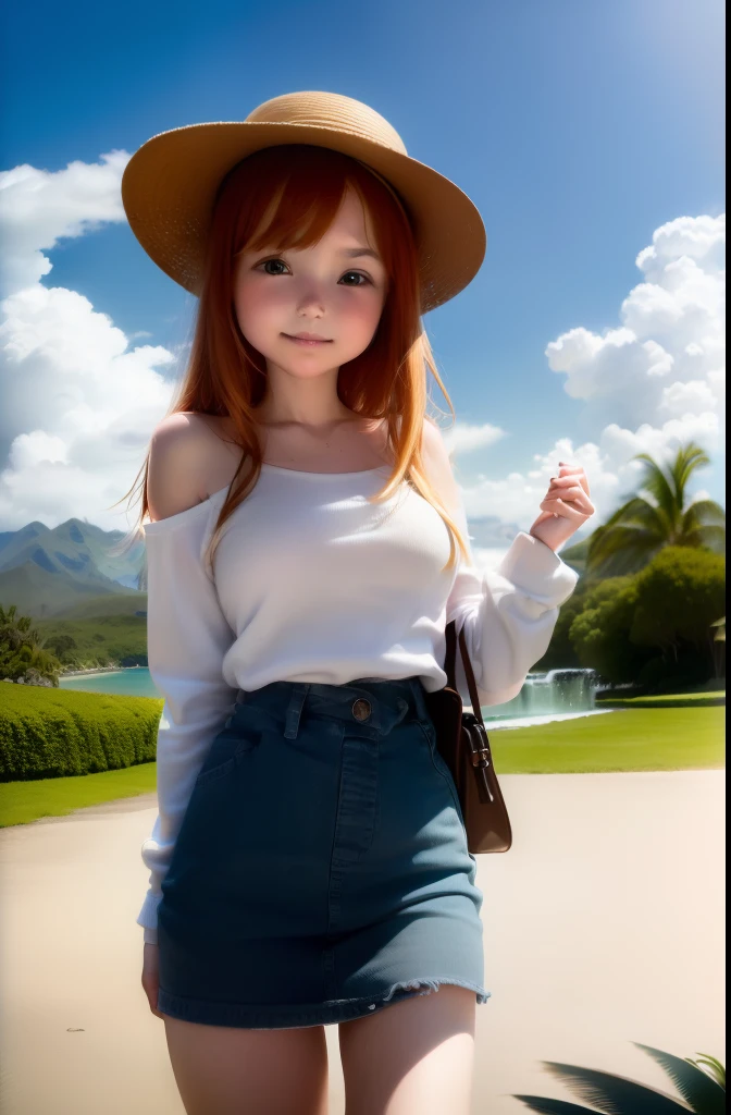 ((Extremely detailed)),, (8K), Best Quality, (Beautiful),((masutepiece)), ((Best Quality)), Beautiful girls,Realistic portraits,a straw fedora hat, (Ultra-detailed), ((kawaii)), Cute, (lovely),plein air、blured background:1.5、((South Island、Palm trees、Blue Sea、blue open sky、cumulonimbus clouds))