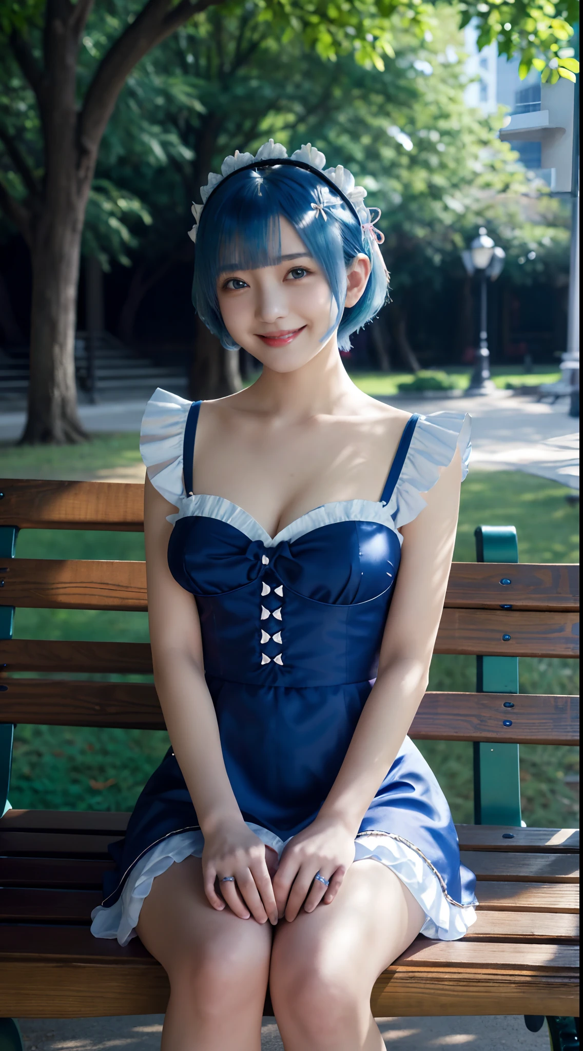 highres, sharp focus, pixiv masterpiece, ((intricate detail)), highly detailed, upper body, 1girl, rem_re_zero, blue hair, short hair, maid uniform, hair ornament, cleavage, maid headdress, arms regardless, ribbon, (sitting on a park bench), (smile)