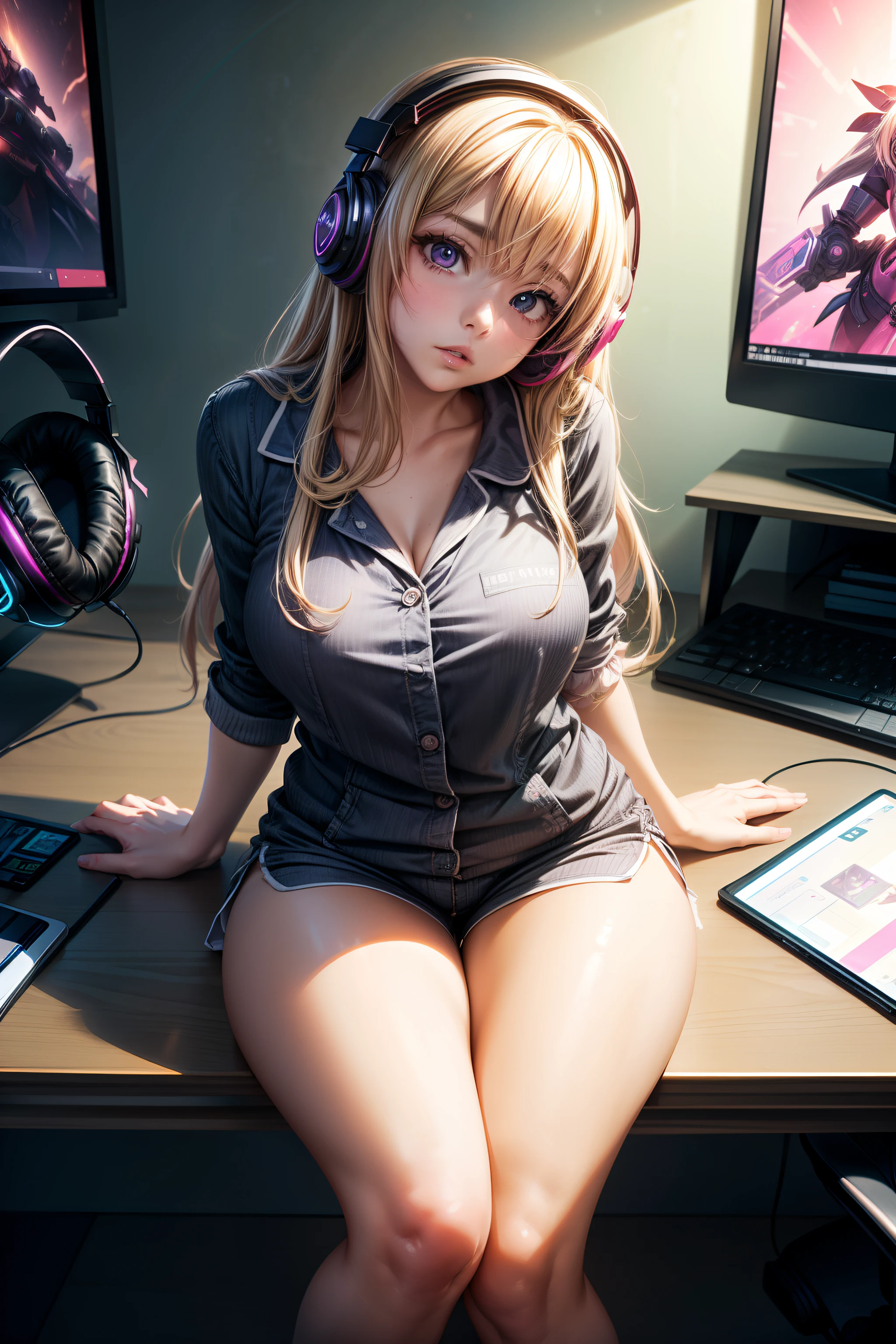 (masterpiece, best quality), 1girl, solo, long hair, blonde hair, pink eyes, anime, thick lips, sitting, indoors, pink bedroom background, pajamas, yawn, game controller, gamer fashion, short shorts, head tilt, looking at viewer, extremely detailed, illustration, arm up, large breasts, thick thighs, cute colors, posters, computer desk, gamer headphones, from above,