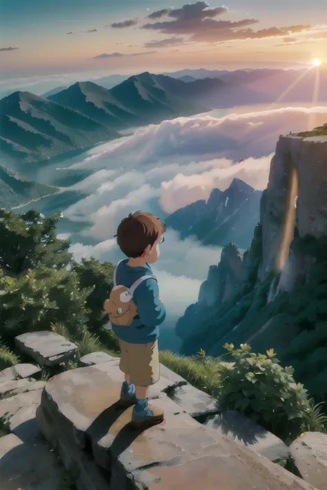 create a stunning studio ghibli-style illustration that evokes a sense of wonder and serenity. the scene features a 3-year-old b...