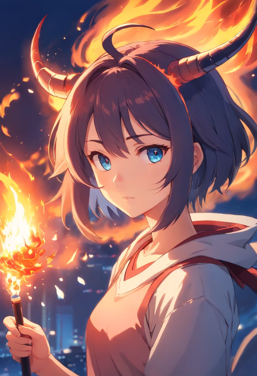 anime girl with horns and horns on her head with fire, demon anime girl, demon girl, portrait of demon girl, giesha demon, fire demon, mika kurai demon, portrait of a female demon, glowing blue ember eyes, the dragon girl portrait, blue fire eyes, detailed digital anime art, demon slayer artstyle, mara demon, fire embers, devilish