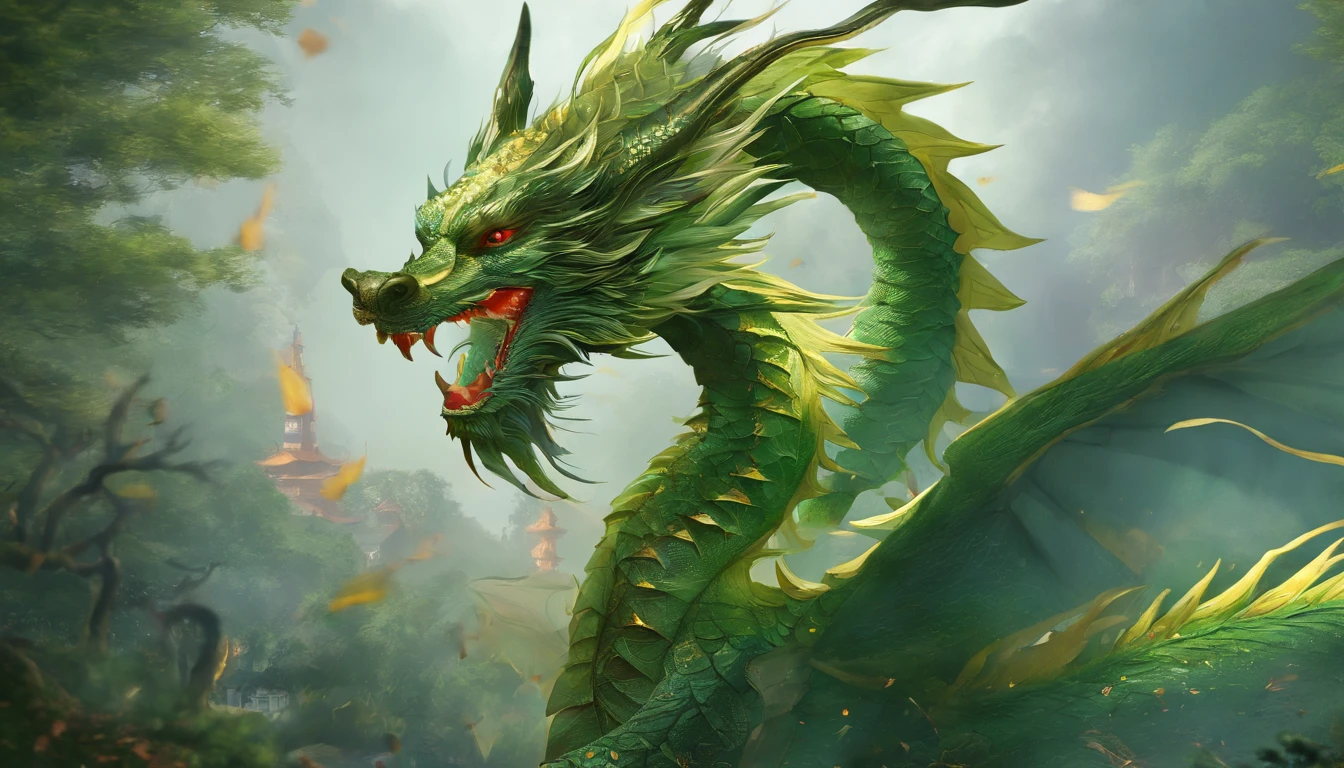 chinesedragon，Green Dragon，auspicious sign，mythological beasts，Long dragon whiskers，Metallic scales，腾云驾雾，high qulity，8K，rich details​，Great，Holy，sharp talons