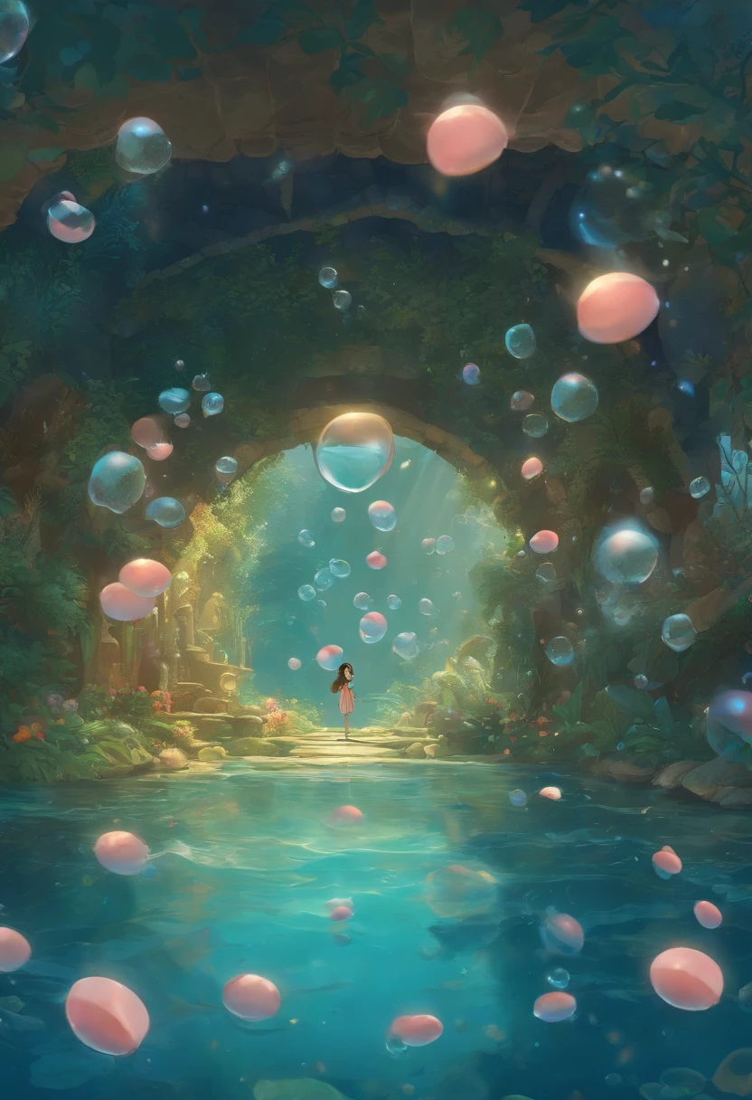 under the water,Horizontal plane,Lots of bubbles,water bloom,k hd,cleanness,Cartoony,hand painted style,hiyao miyazaki,Shinkai sincerely
