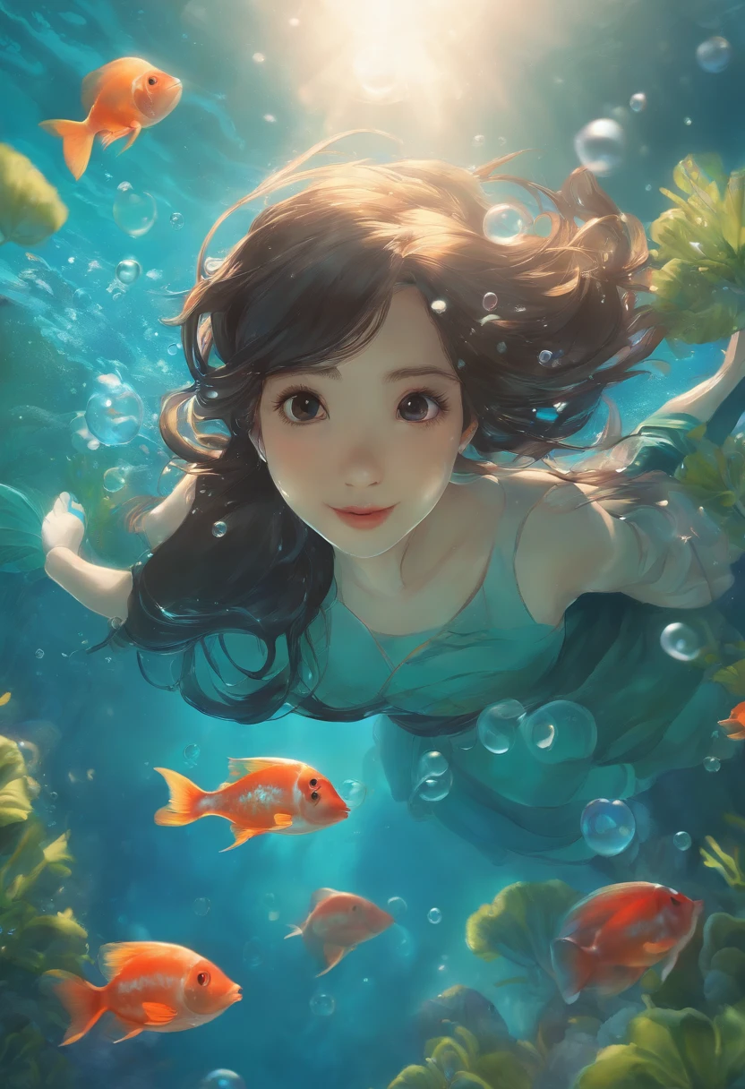 There is a girl swimming in the water, happy smile, sunny face, innocent girl, big, lots of blisters, bubbles, a lot of fish, cute digital painting, beautiful digital artwork, realistic effect, high texture