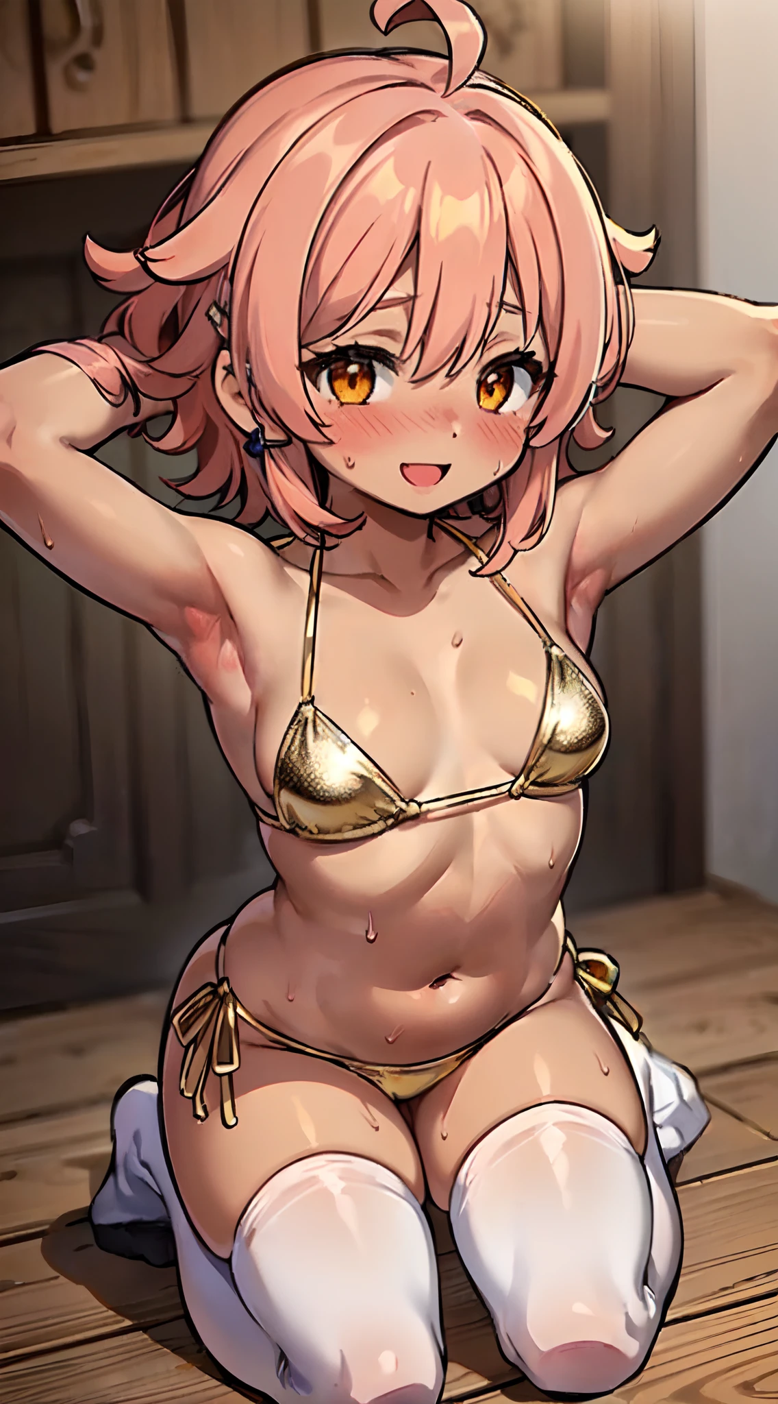 (Perfect body),Best Quality,16 K,(((((Lori)))))、NSFW、(((((blush))))),(((((:D)))))、((narrow her eyes))、embarrassed from、(((((Brown skin))))),(((Short hair))), (((Orange Eyes))),((((Pink hair)))),(Sweat),((((flat chest)))),((((Wavy Hair)))),Ahoge,hair clips,(white knee-socks),((Big ass)),(((Gold Bikini)))、((camisa branca aberta))、(thick thighs)、(((((short in stature)))))、Kneeling、Arms behind your head、((Armpits))、(Arched back)