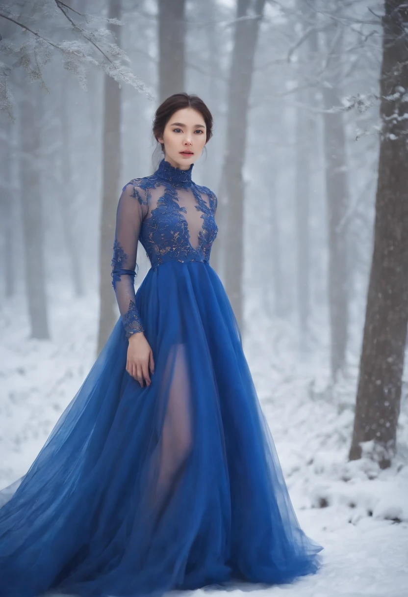Winter in the misty forest,In the snow stood a lady in a royal blue tulle dress,Brunette lady,Light gauze dress, turtleneck dress,inspired by Igor Kieryluk, Draped in a long shawl,Covered with light apricot and gold, Light fog background,Soft light and shadow,inspired by Wadim Kashin, by Russell Dongjun Lu, inspired by Yanjun Cheng, inspired by Hsiao-Ron Cheng, Beautiful digital artwork,