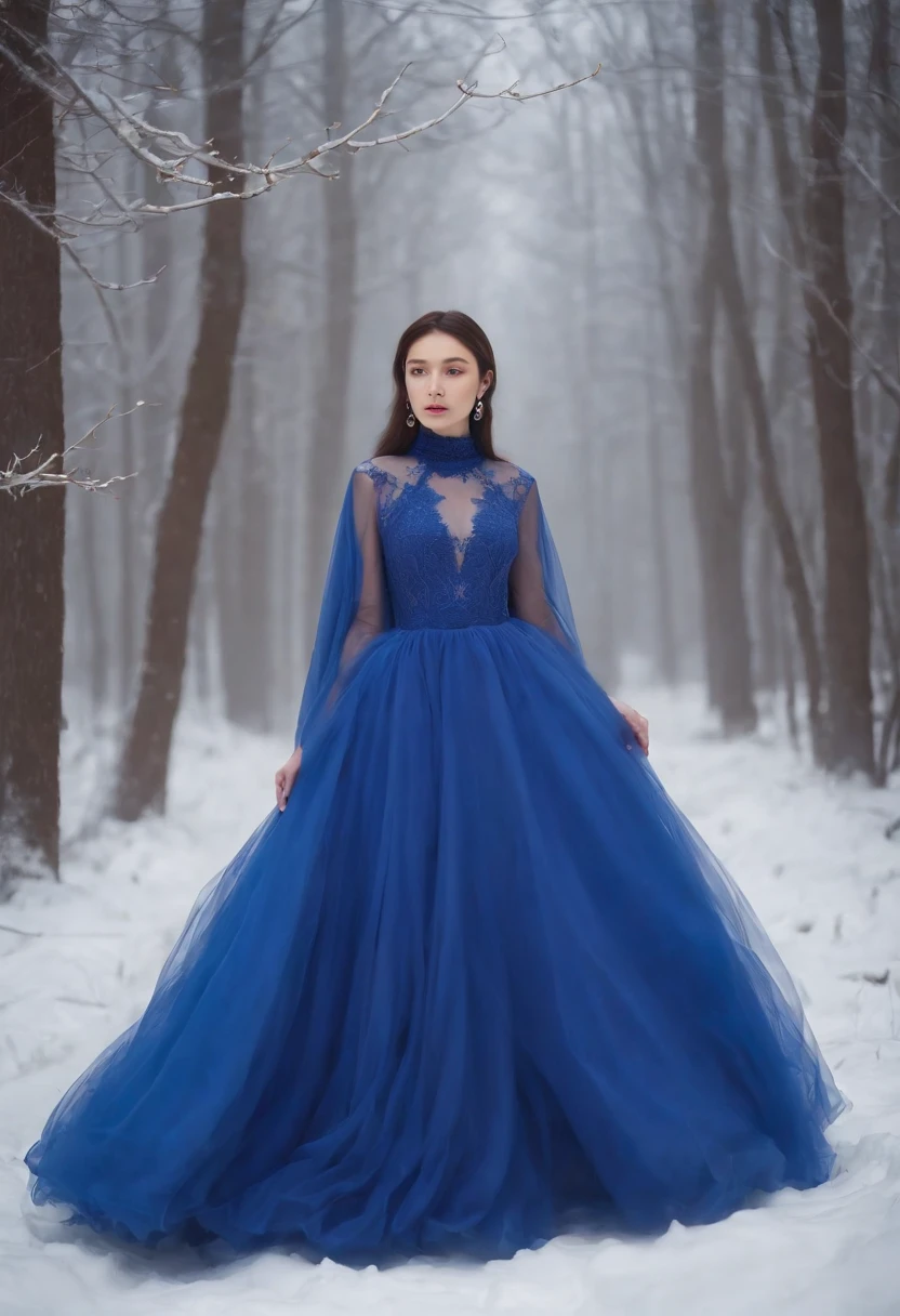Winter in the misty forest，In the snow stood a lady in a royal blue tulle dress，Brunette lady，Light gauze dress, turtleneck dress，inspired by Igor Kieryluk, Draped in a long shawl，Covered with light apricot and gold, Light fog background，Soft light and shadow，inspired by Wadim Kashin, by Russell Dongjun Lu, inspired by Yanjun Cheng, inspired by Hsiao-Ron Cheng, Beautiful digital artwork,