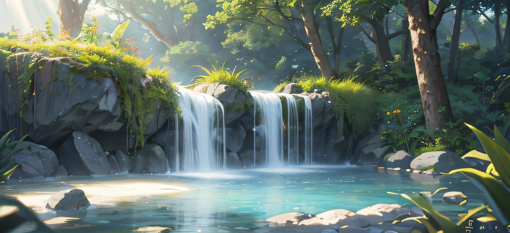 （Look up）（Hot Spring 1:1）、（Water vapor 1:1）nooks、The tree、The  runs water、waterfallr、grassy fields、Rochas、Epic composition、Realistic lighting、high definition detail、（非常详细的 CG 统一 8k 壁纸）（A high resolution：1.1），ultra - detailed，illustratio，tmasterpiece，best qualtiy，best qualtiy，（tmasterpiece：1.2），submerge，natural  lightting，，open air，（water Reflections），eventide，Vivid lighting，closeup cleavage，Clear water，