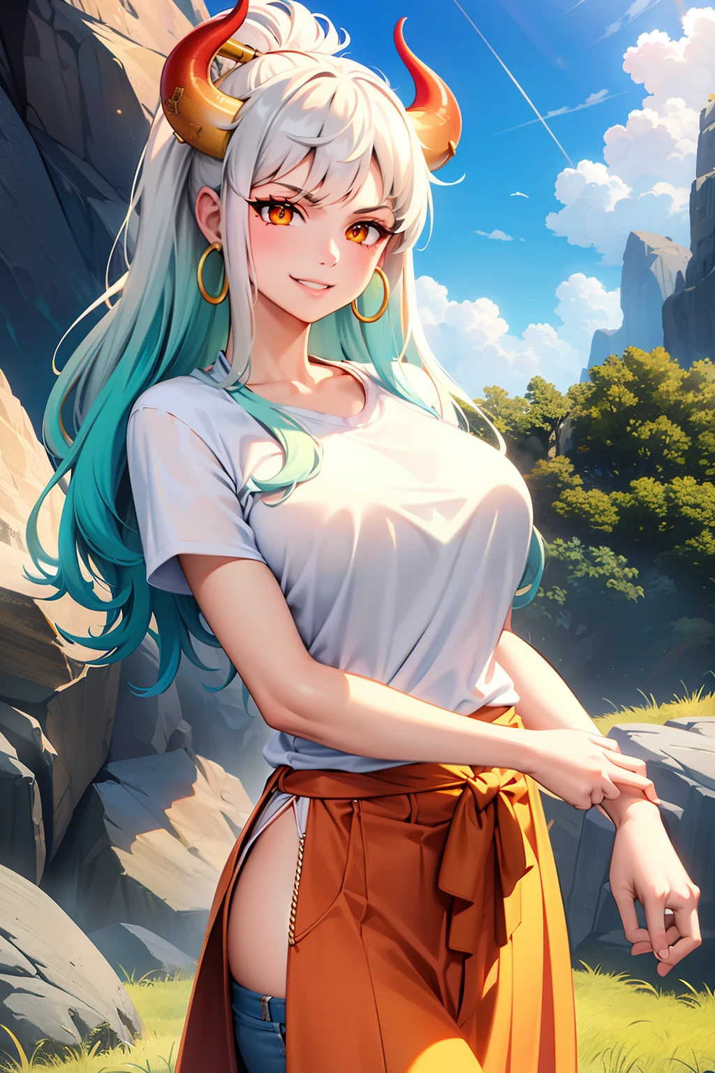 masterpiece, ((ultra detailed background, delicate pattern, intricate detail)), (highly detailed, fine details), best quality,beautiful lighting, (((medium breasts, slim girl, very slim girl))), (close-up, portrait),  YamatoV2, long hair, 1girl, horns, white hair, solo, oni, red horns, curled horns, hair ornament, (multicolored horns), jewelry, earrings, jeans, t-shirt, round neck, outdoors, cowboy shot, hair stick, aqua hair, sidelocks, hoop earrings, hakama, smile, wide smile, ((orange eyes)), complex detailed background, outside, nature environment, rocks, sunny, blue sky, sky,