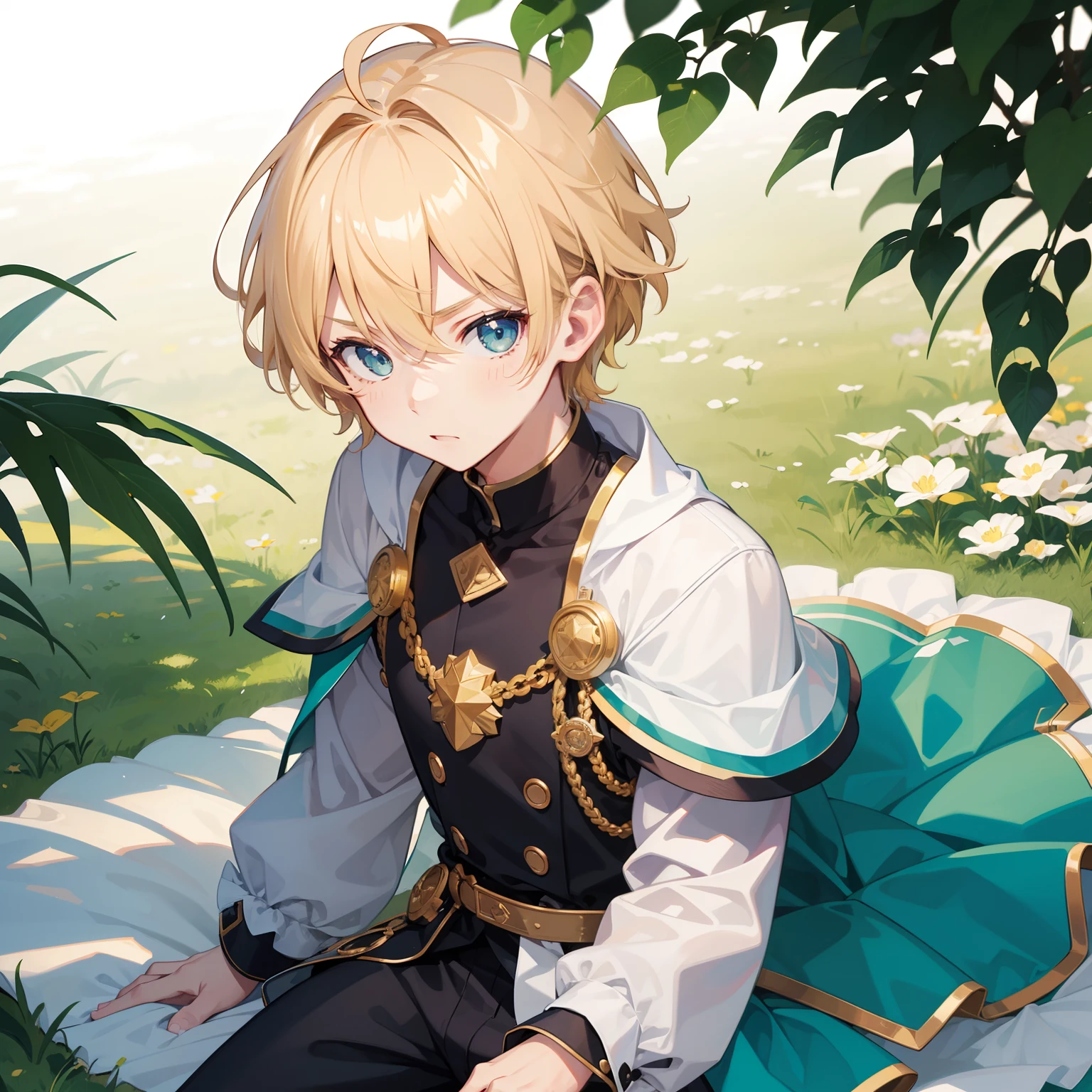 hiquality、male child、One Boy、a blond、Fluffy short hair、Green eyes、manly face、cool expression、Prince