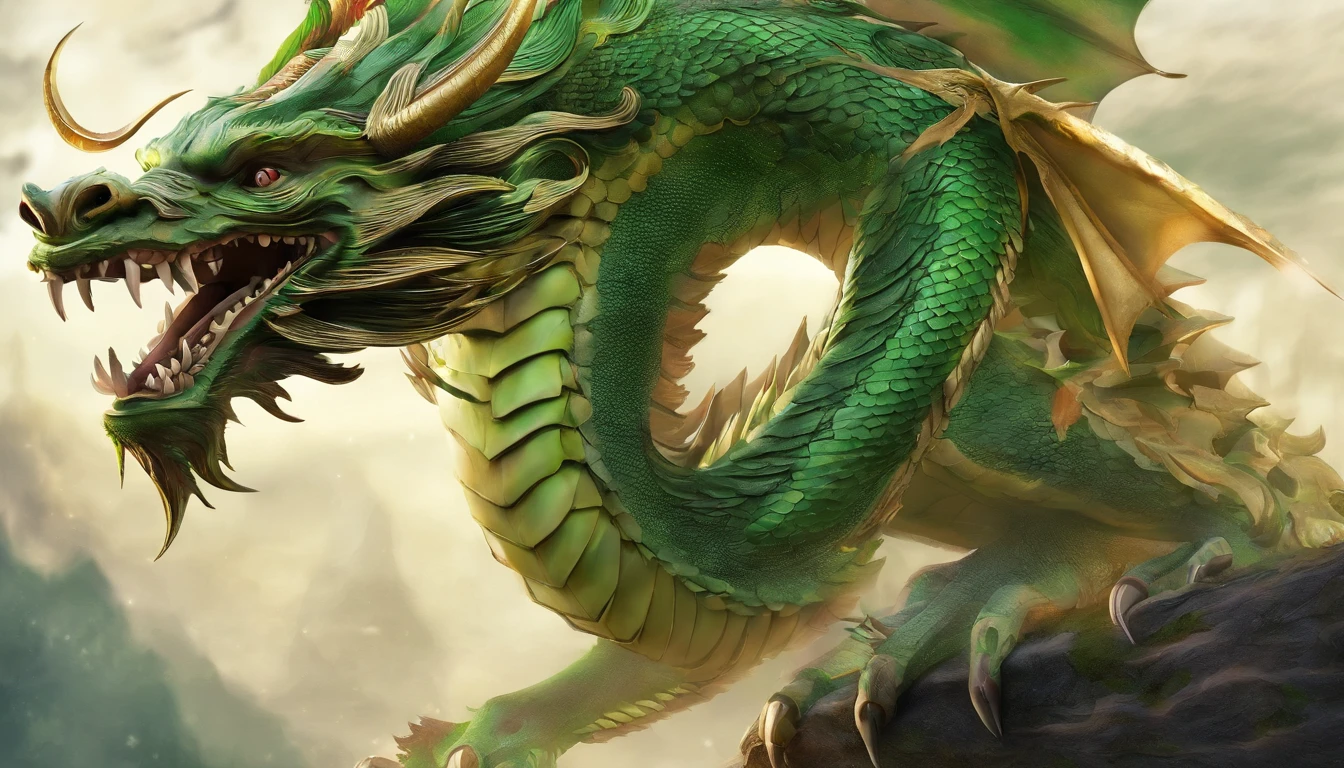 China-style,Chinese mythology,Chinese Green Dragon,dongquan,ferocious,immensity,Redness of the eyes,glowing effect,buliding,The medium scene is,Full body like, Highly detailed and hyper-realistic visuals,OC Render,