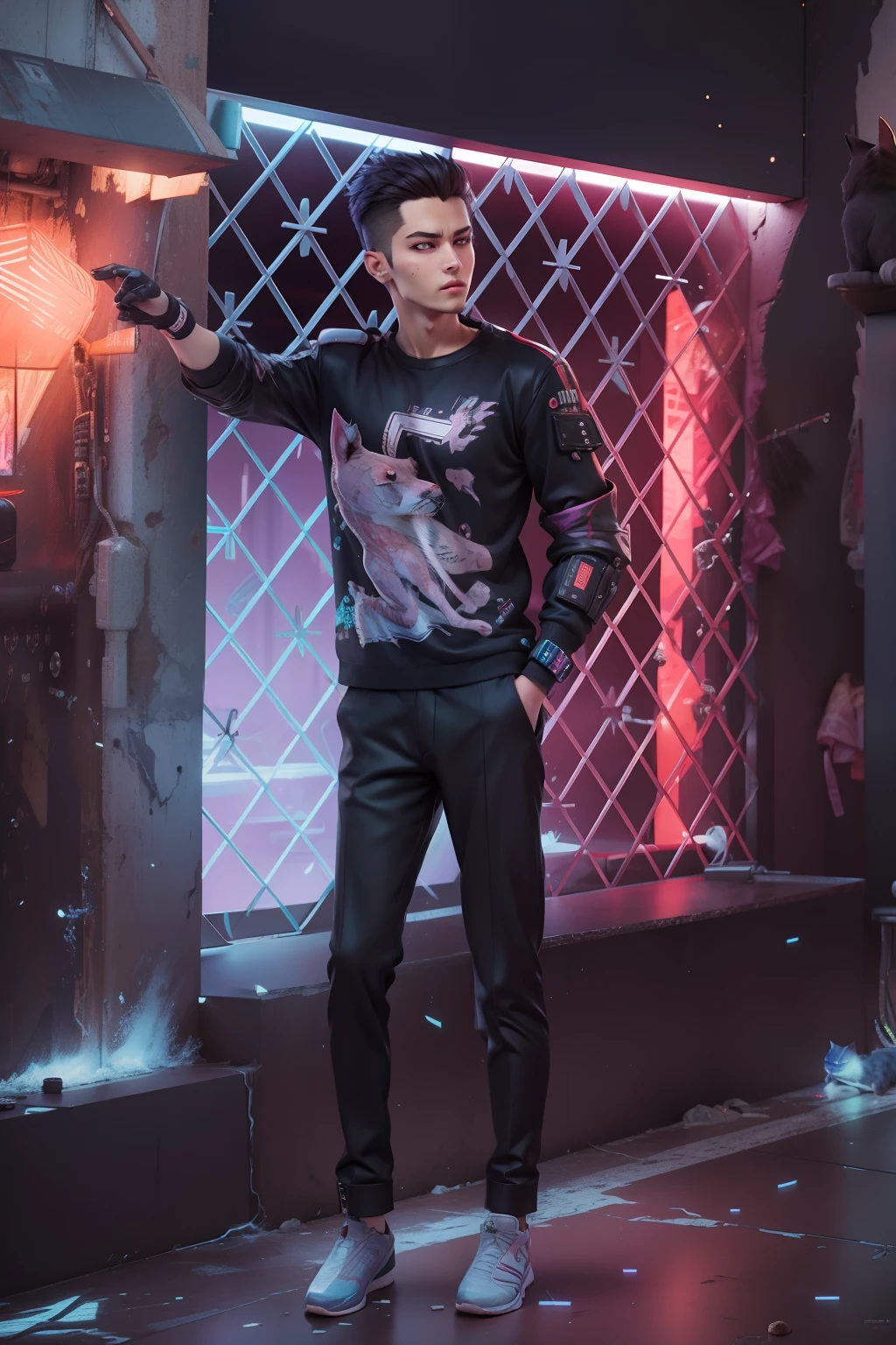 cyberpunk handsome boy ultra realistic with cat,