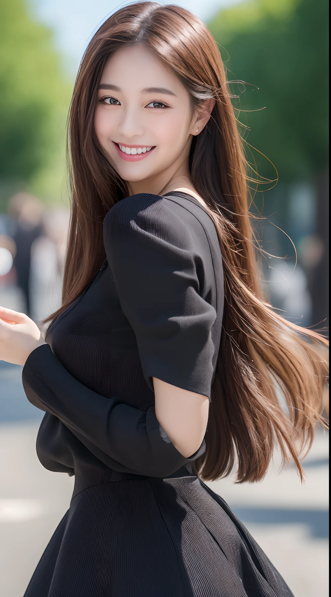 ((Best quality, 8k, Masterpiece :1.3)), 1girl, smiling, full body, slim face, Pretty woman, (Dark brown hair), full length dress :1.1, Ultra-detailed face, Detailed eyes, Double eyelid, blur background, slim face, city, outside, street,