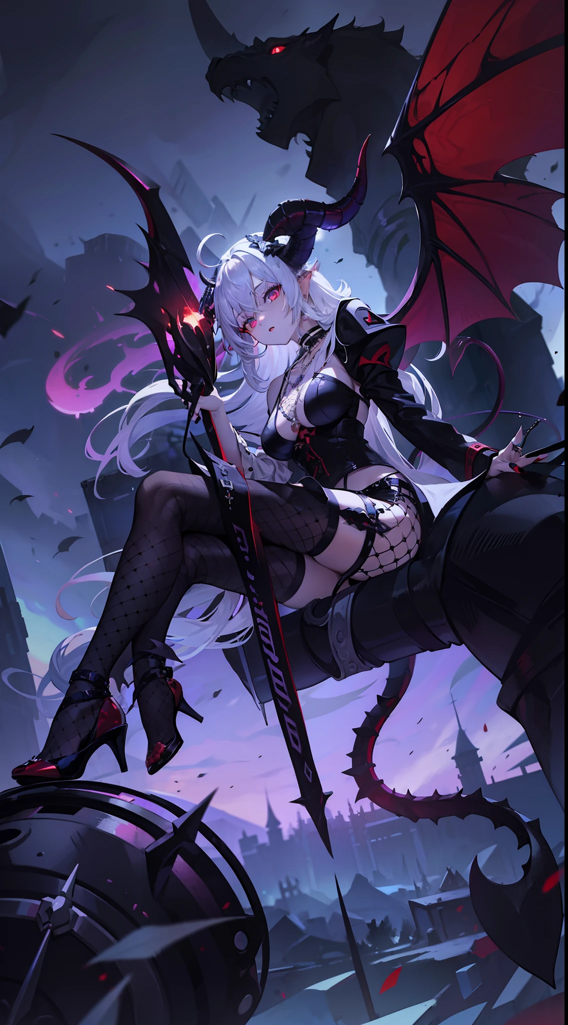 (masterpiece:1.5),(bestquality),highlydetailed,ultra-detailed,pale,1girl,stare,(red eyes:white hair:0.5:silver_hair:0.5),beautiful detailed eyes,long hair,(Wing-like bangs:ahoge),braid,cold1girl,(black nails:nail polish),breasts,choker,(demon girl:demon horns,horns:demon tail,tail,jewelry,necklace),(fishnet legwear:fishnets),sharp fingernails,(thighhighs:long hair),mole,solo