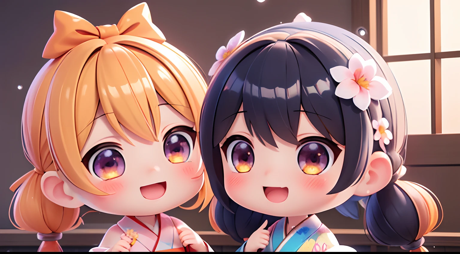 photoRealstic、Two dolls standing in front of the painting（nendroid）、A smile、Water droplets on the cheeks、In a cute pose、watercolor Nendoroid、(High Definition Figure)、Flowing iridescent silk、up of face、Eye Up、Floral dress、There are also flowers in front of the nendroids、flower petals、season!!: 夏天☀ 🍂